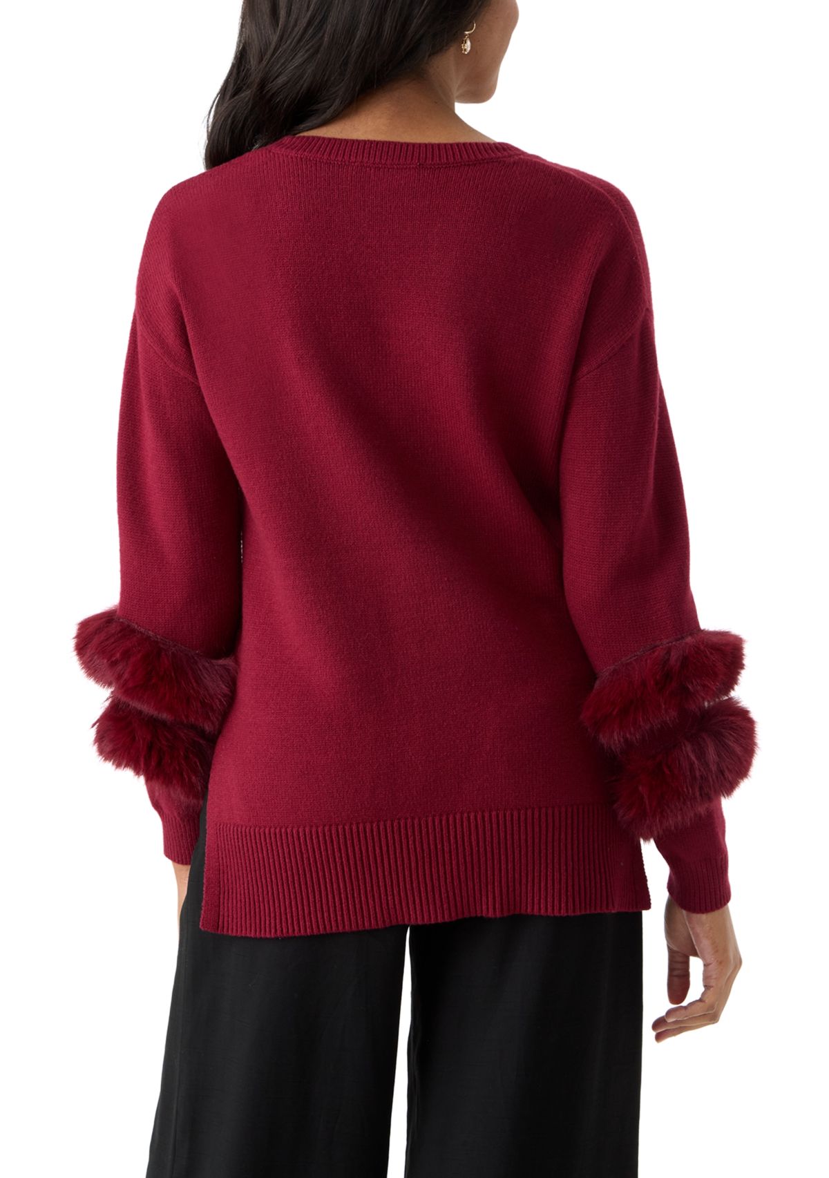 Long Sleeve V-Neck Fur Trim Sweater