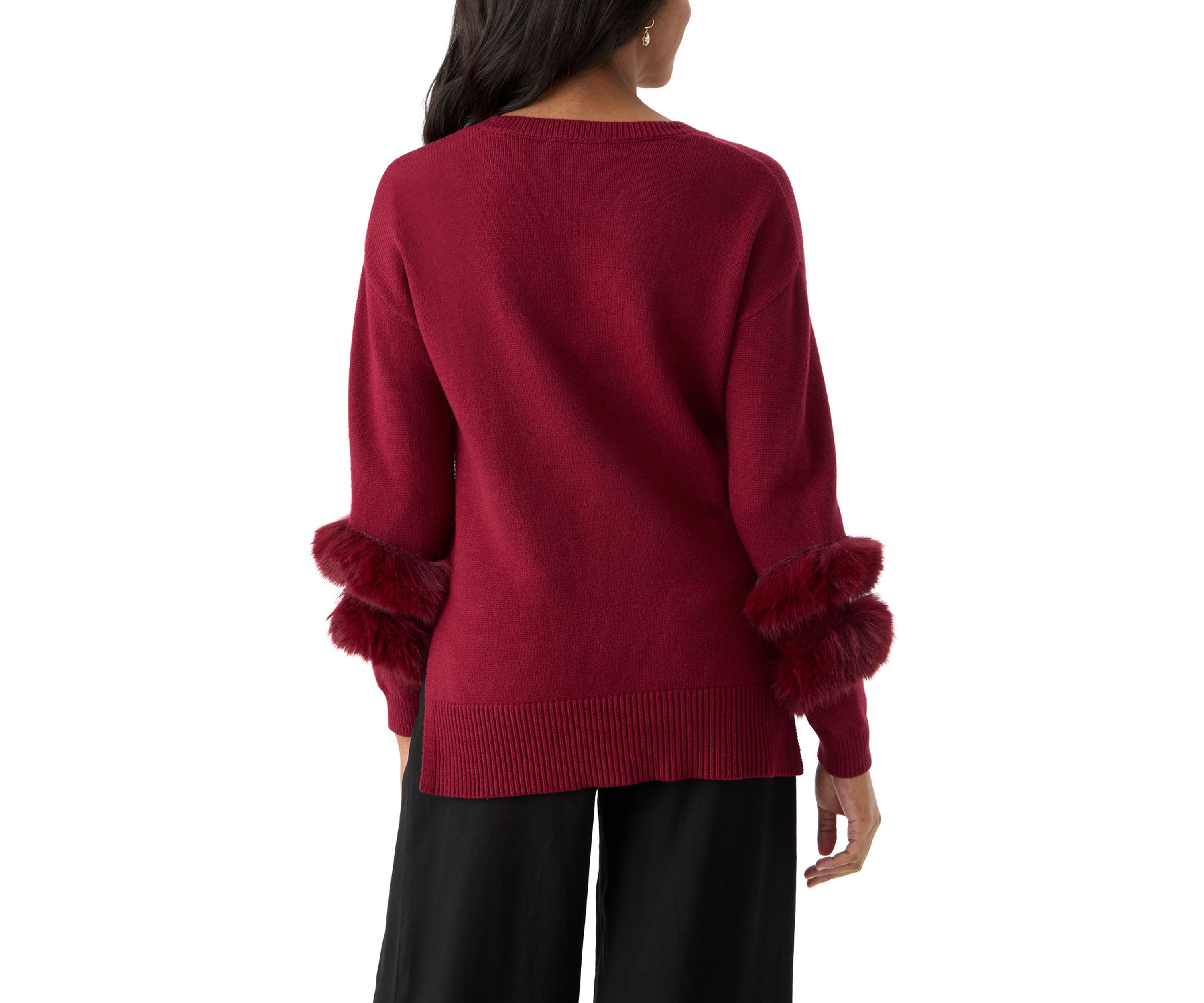 Long Sleeve V-Neck Fur Trim Sweater