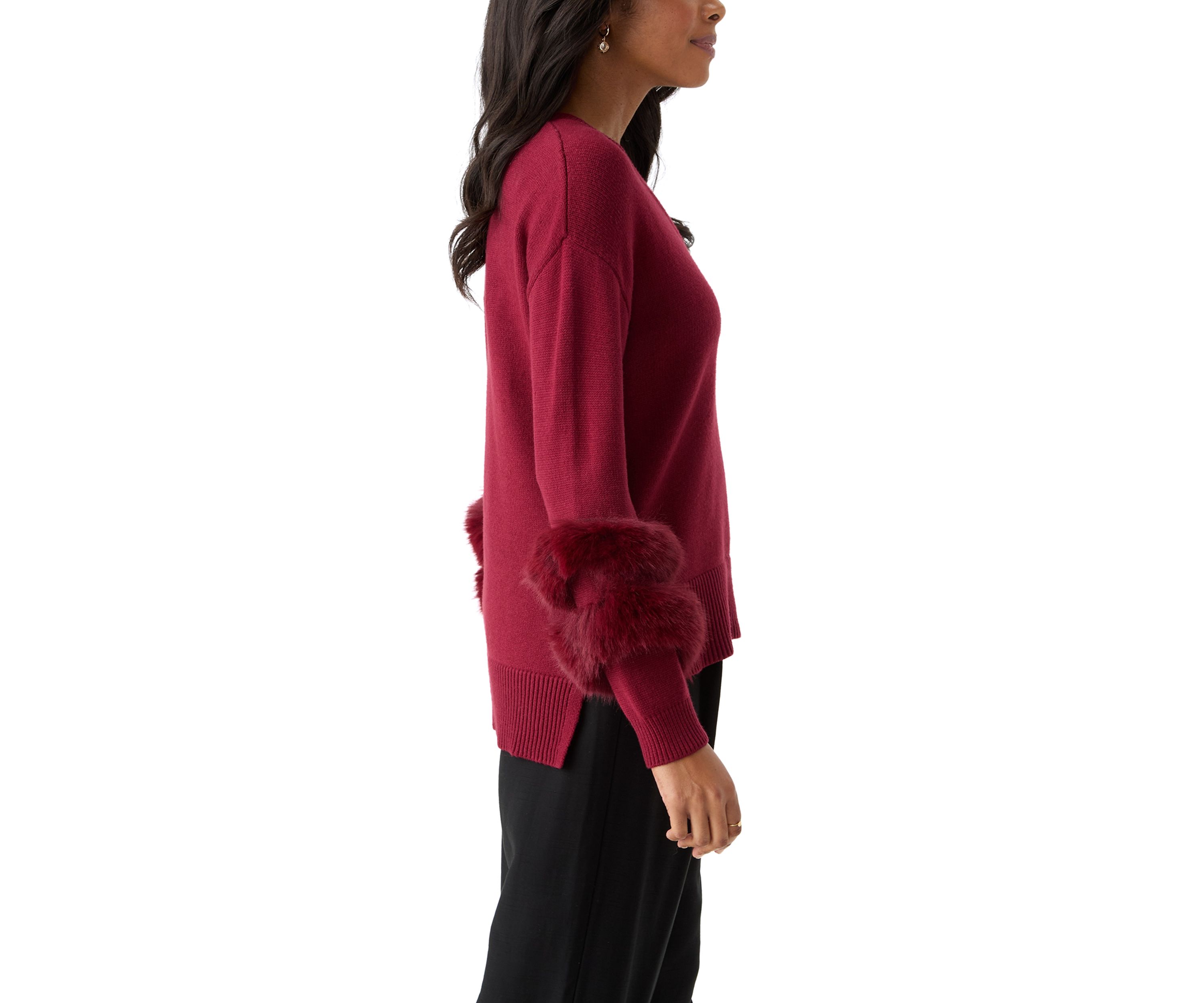 Long Sleeve V-Neck Fur Trim Sweater