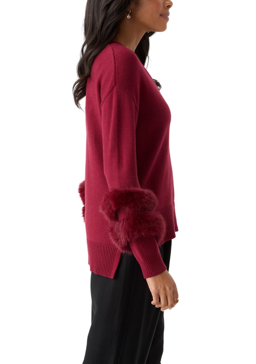 Long Sleeve V-Neck Fur Trim Sweater