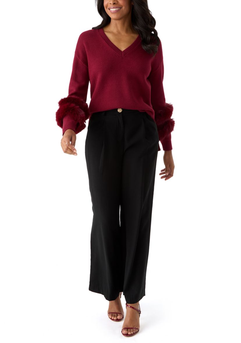 Long Sleeve V-Neck Fur Trim Sweater
