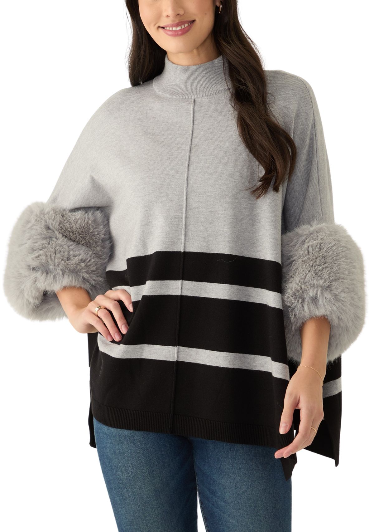 Womens Mock Neck Stripe Fur Cuff Poncho 