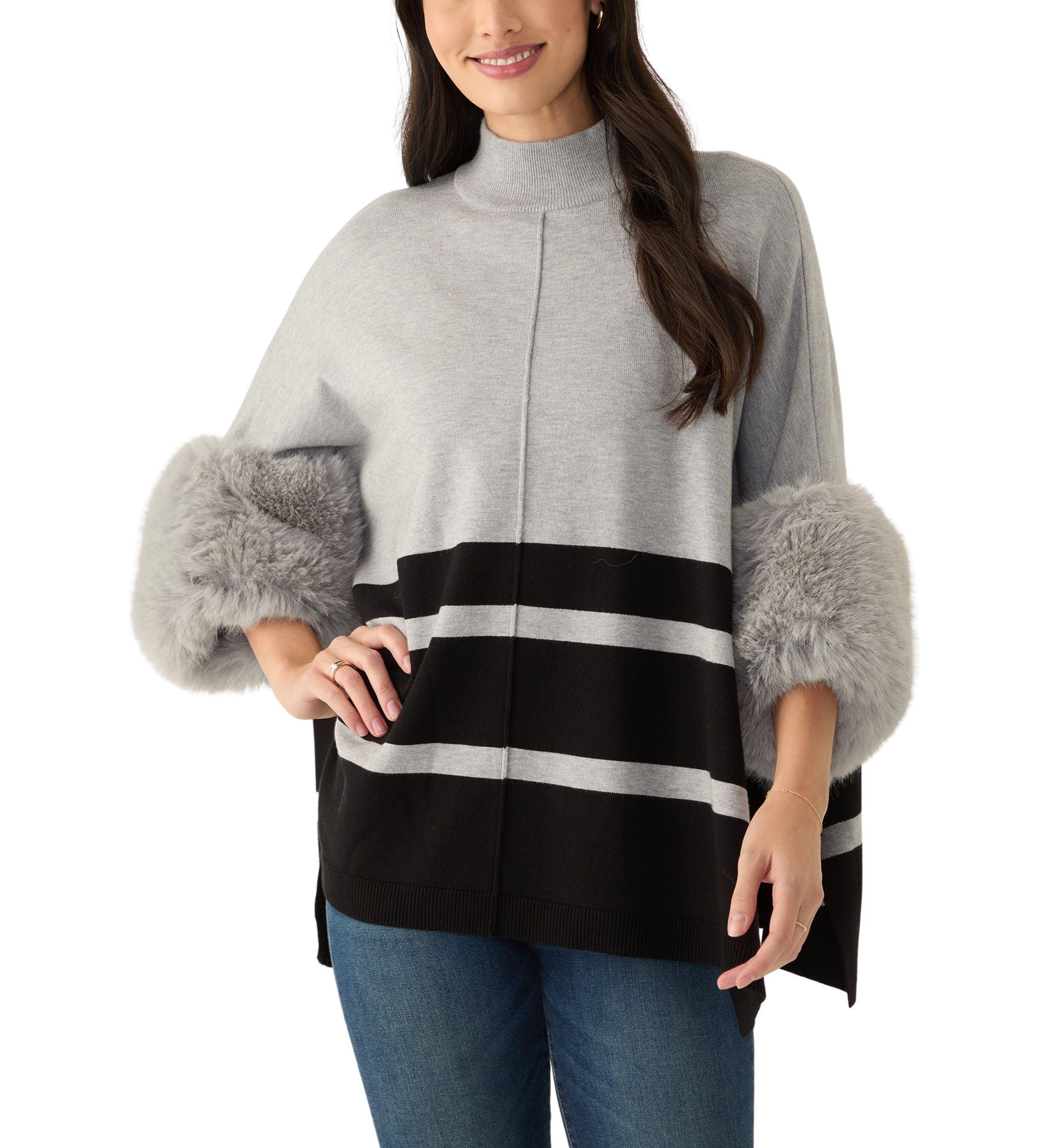 Womens Mock Neck Stripe Fur Cuff Poncho 