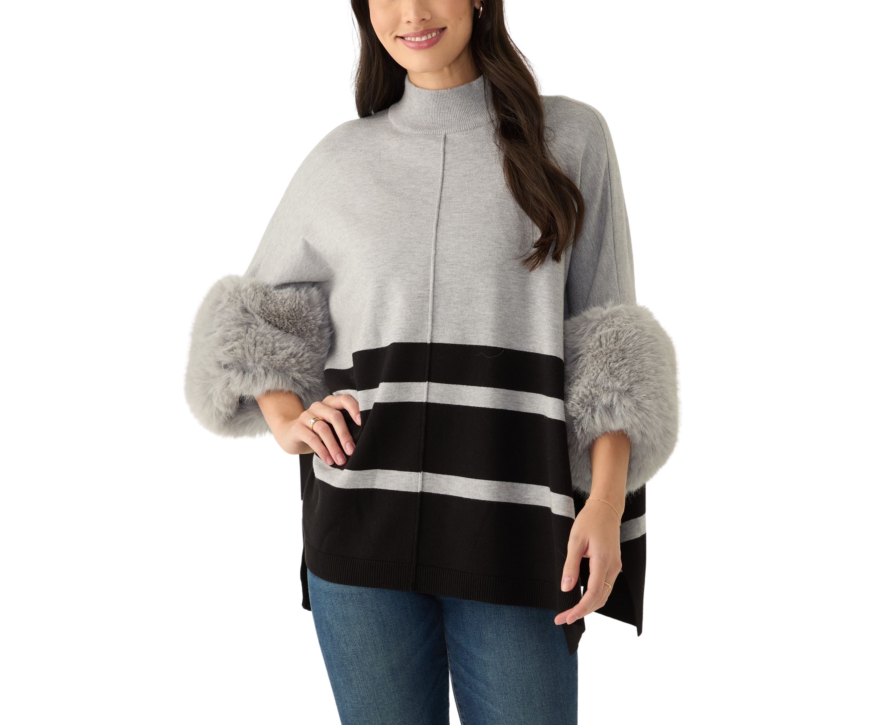 Womens Mock Neck Stripe Fur Cuff Poncho 