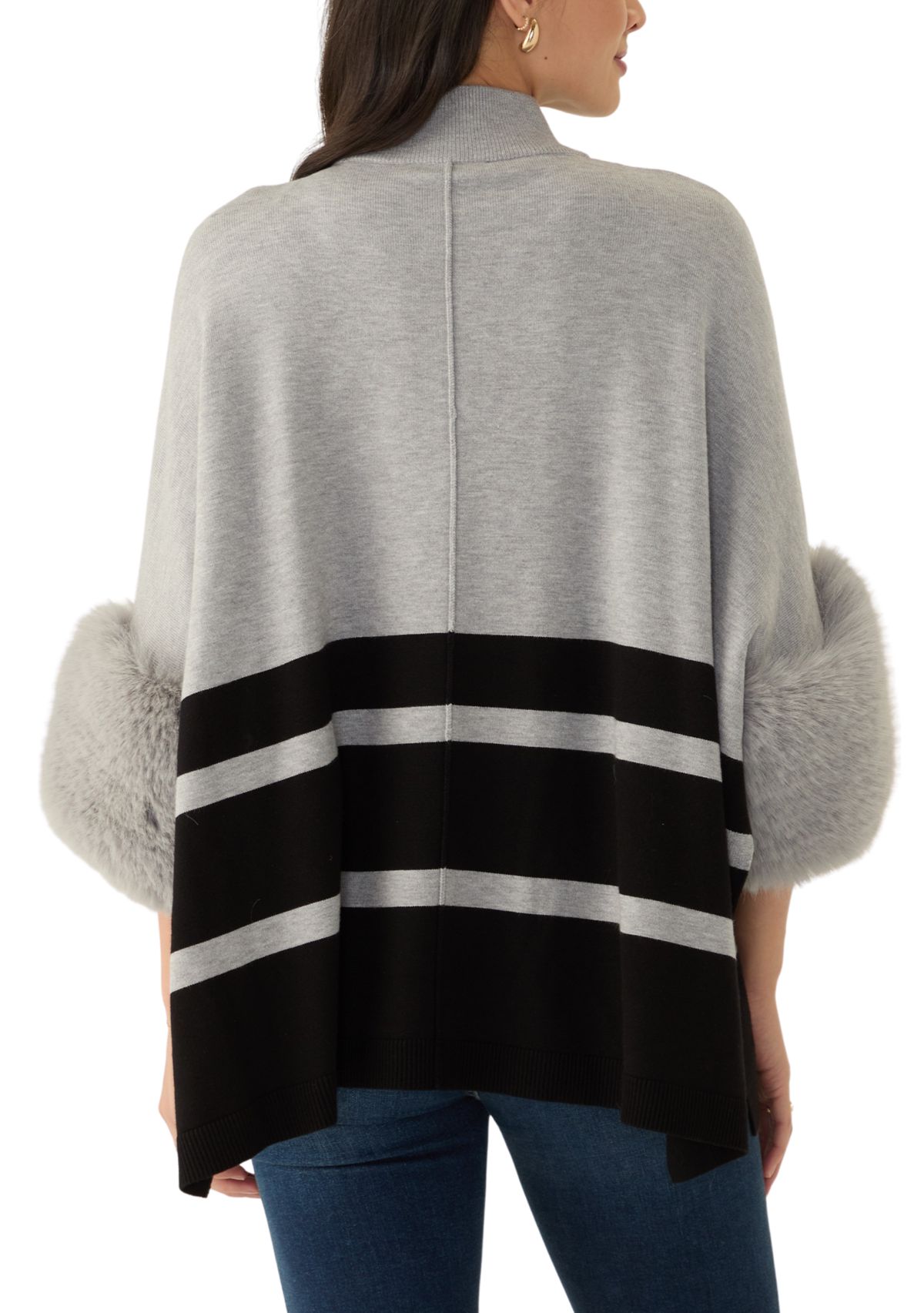 Womens Mock Neck Stripe Fur Cuff Poncho 