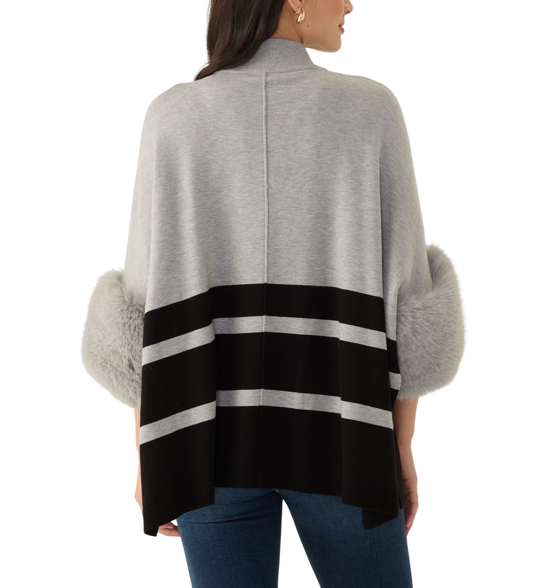 Womens Mock Neck Stripe Fur Cuff Poncho 