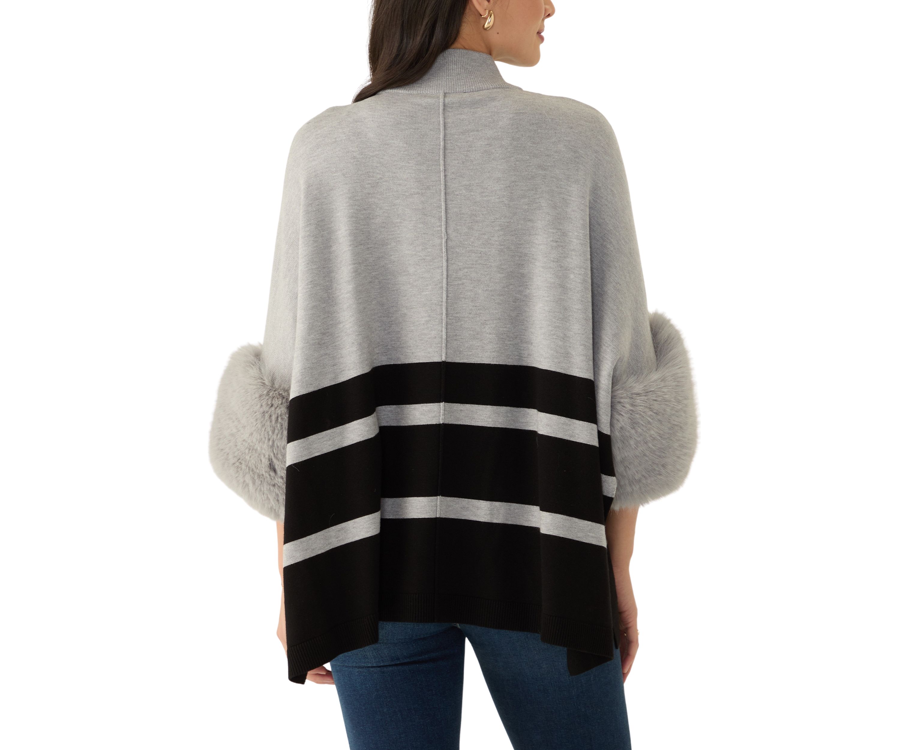 Womens Mock Neck Stripe Fur Cuff Poncho 