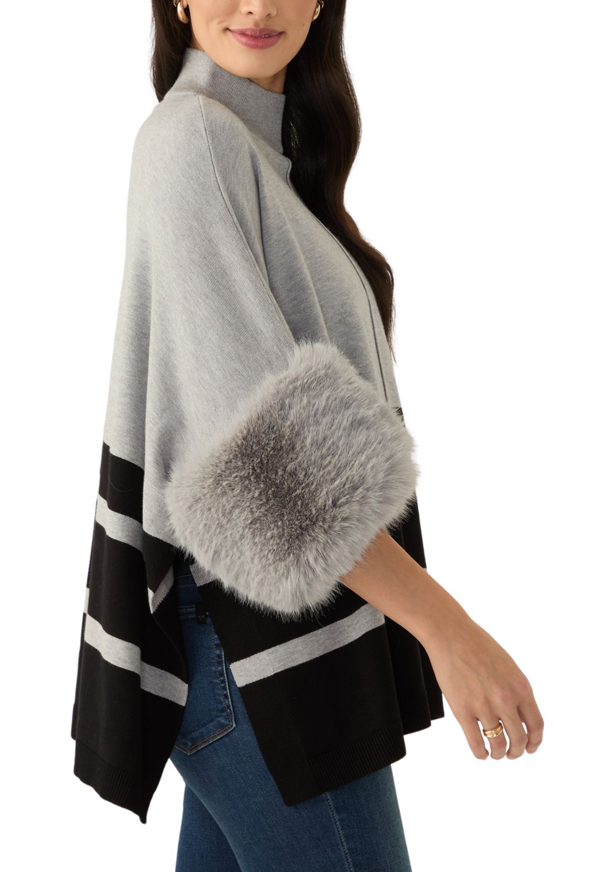 Womens Mock Neck Stripe Fur Cuff Poncho 