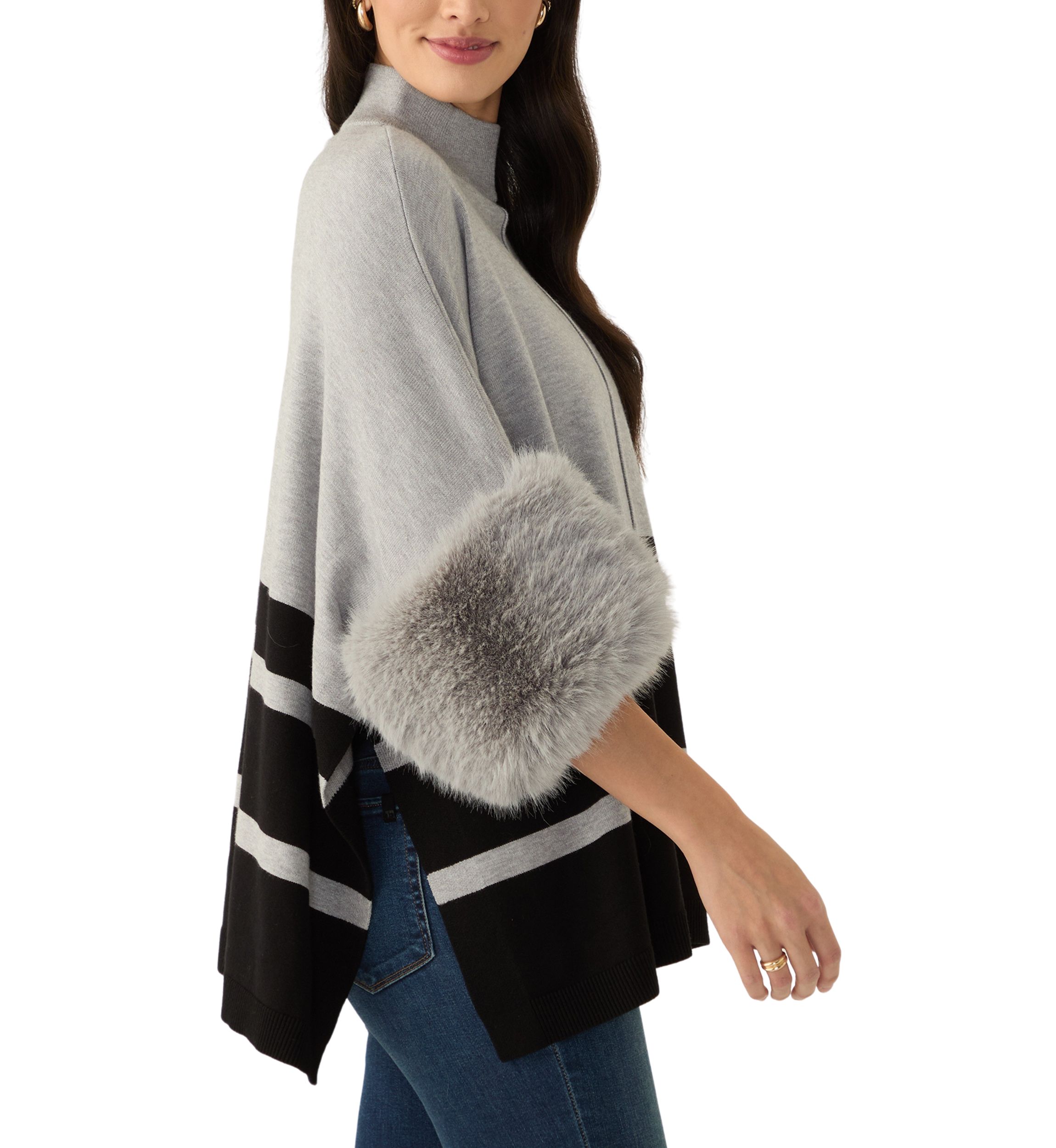 Womens Mock Neck Stripe Fur Cuff Poncho 