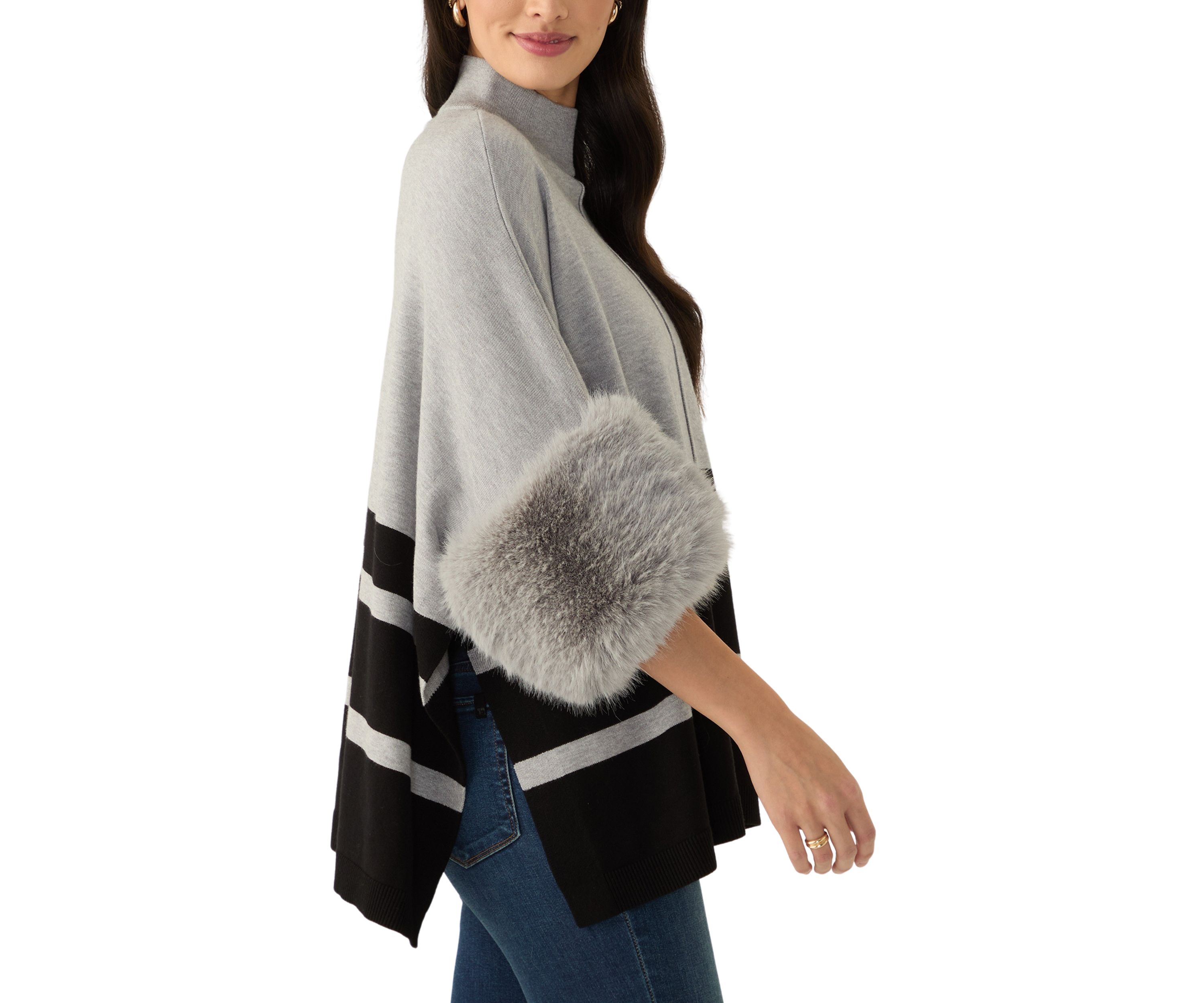 Womens Mock Neck Stripe Fur Cuff Poncho 