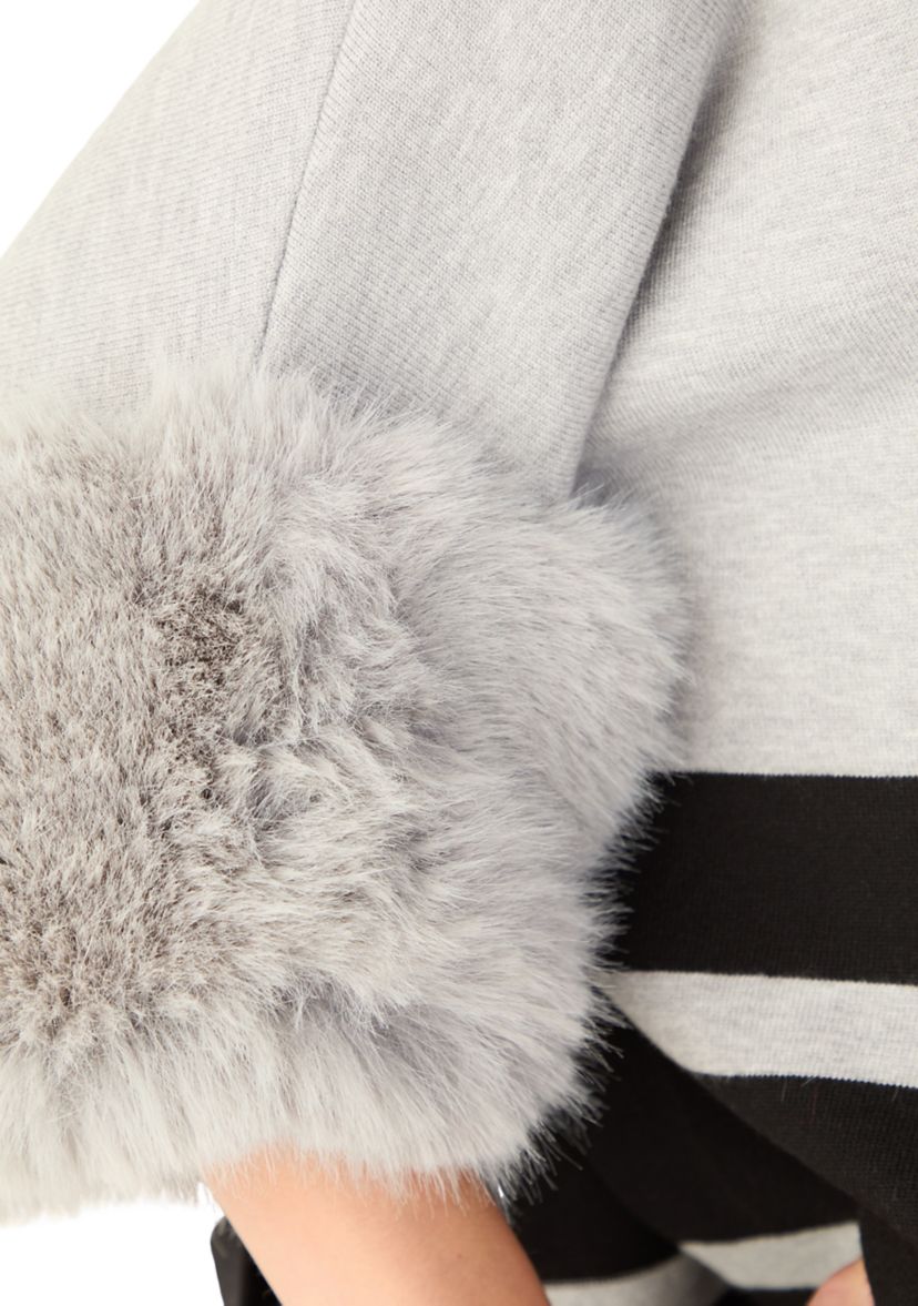 Womens Mock Neck Stripe Fur Cuff Poncho 