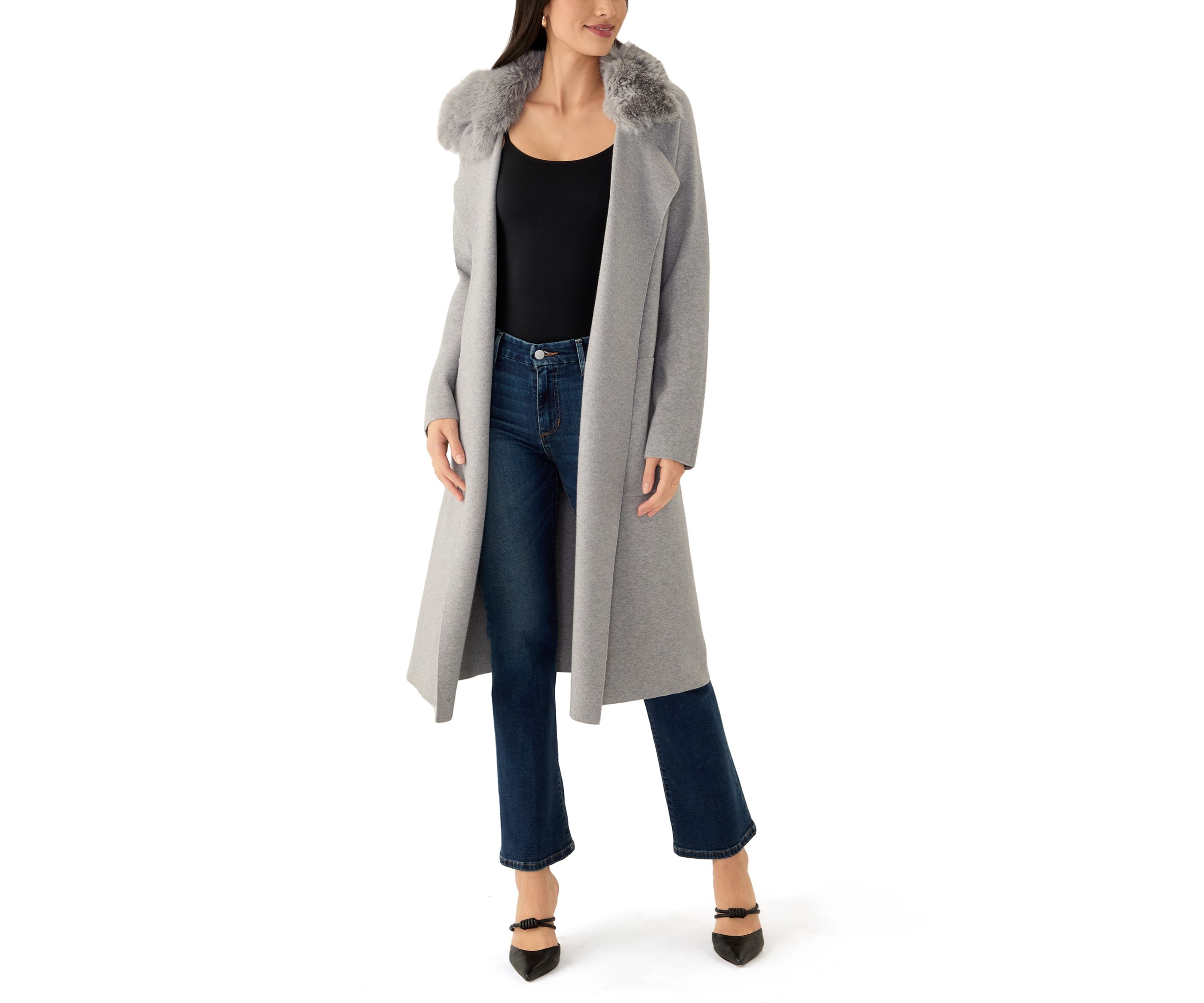 Womens Raglan Sleeve Notch Collar Open Front Fur Duster Cardigan 