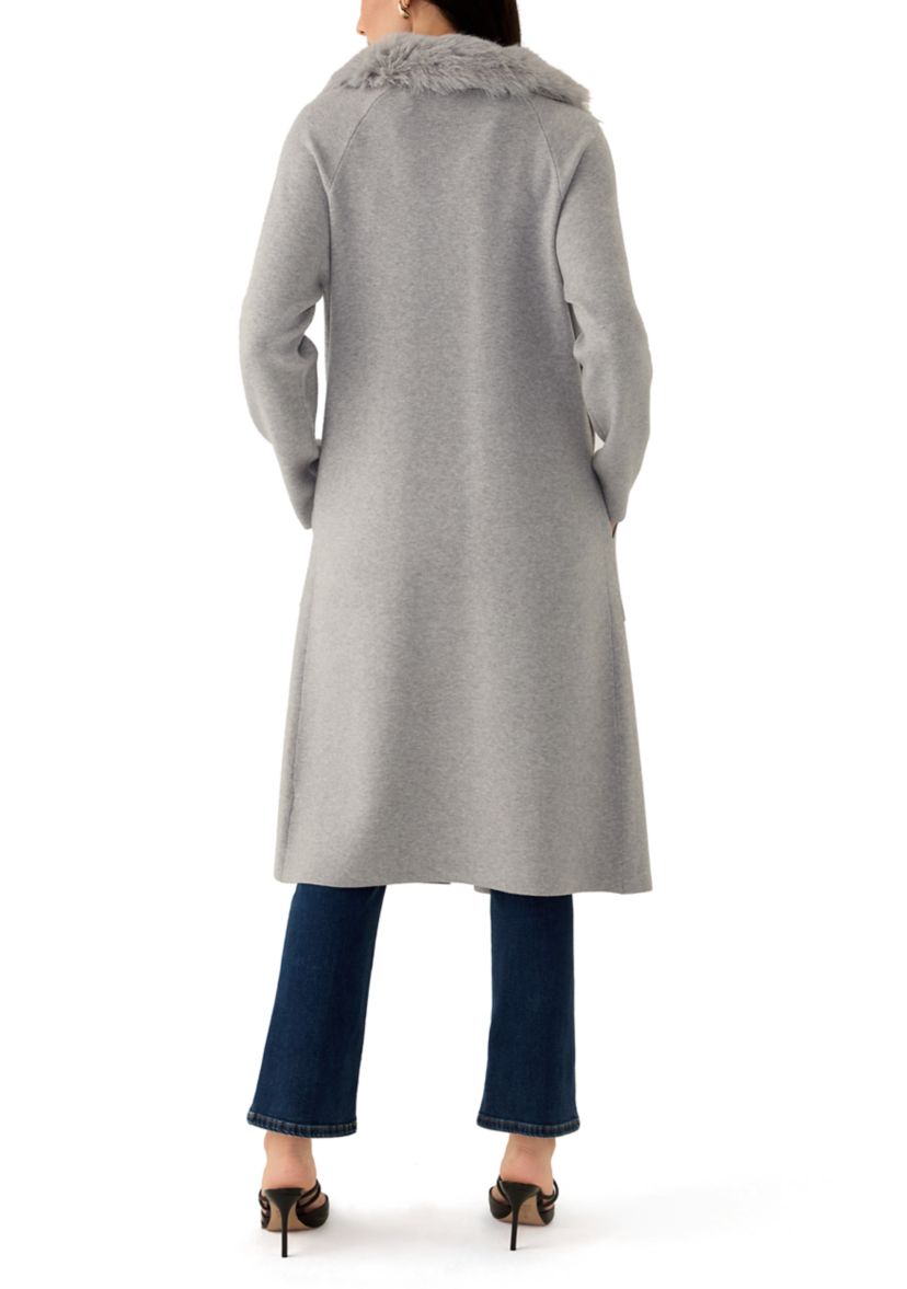 Womens Raglan Sleeve Notch Collar Open Front Fur Duster Cardigan 