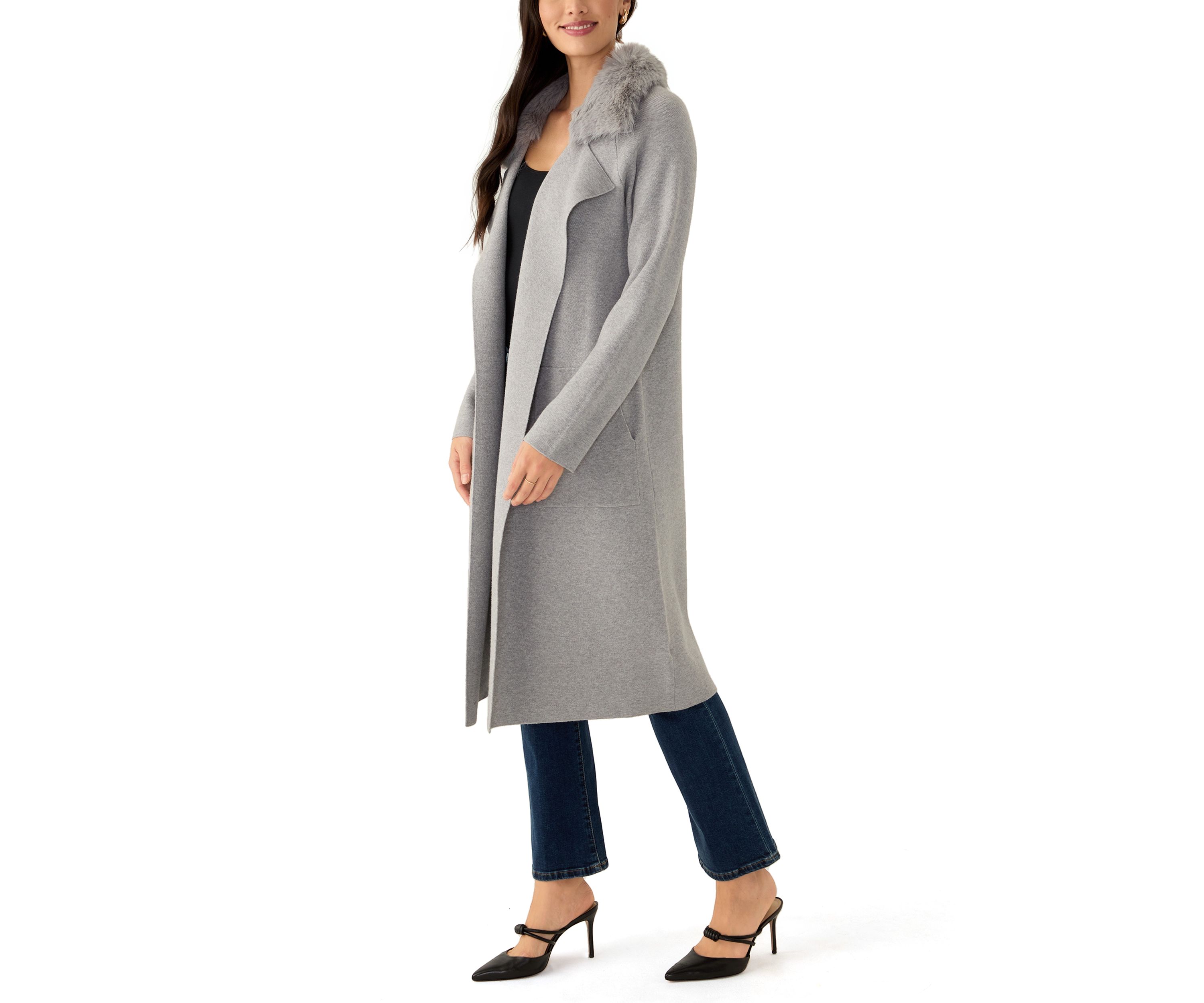Womens Raglan Sleeve Notch Collar Open Front Fur Duster Cardigan 
