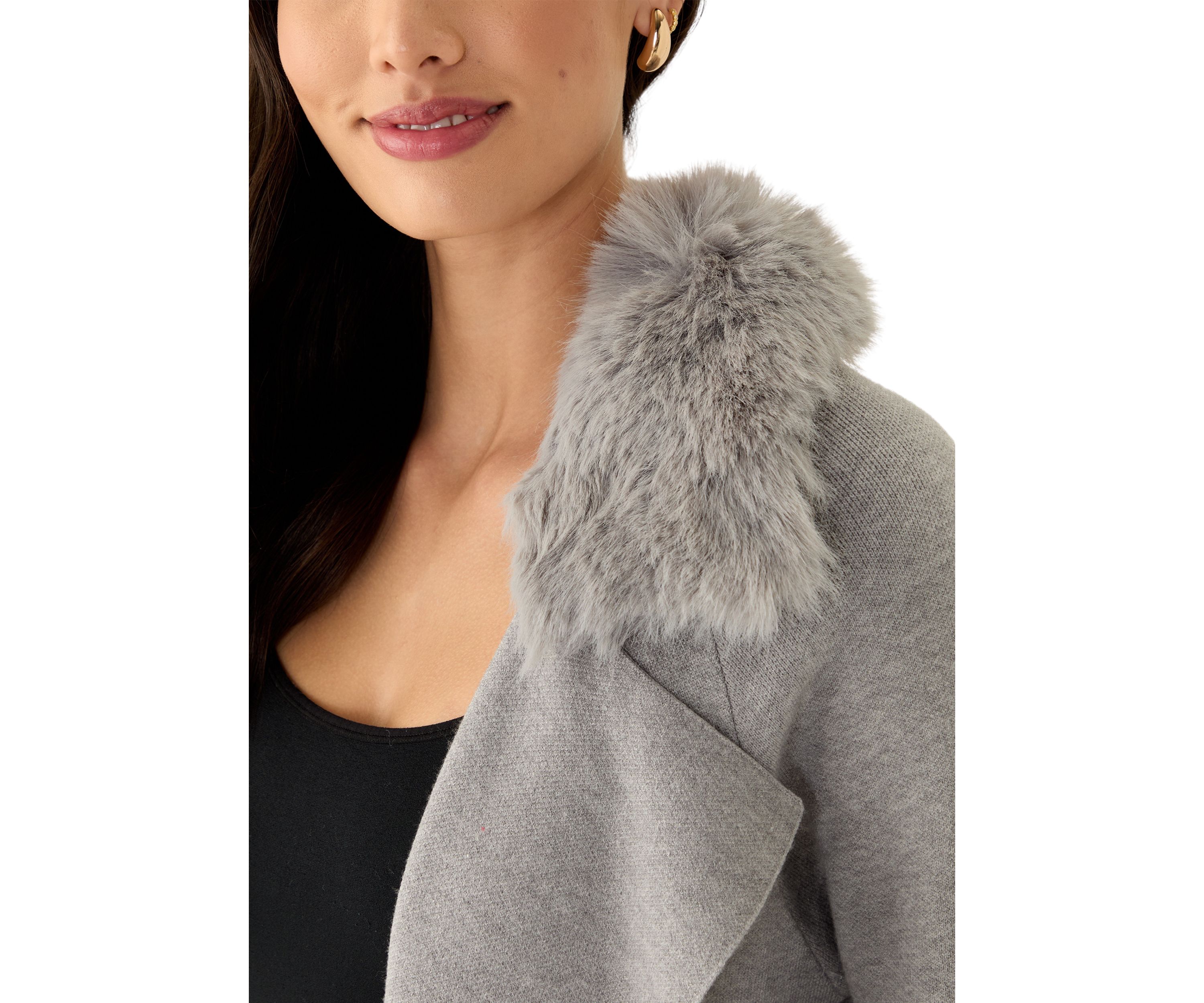 Womens Raglan Sleeve Notch Collar Open Front Fur Duster Cardigan 