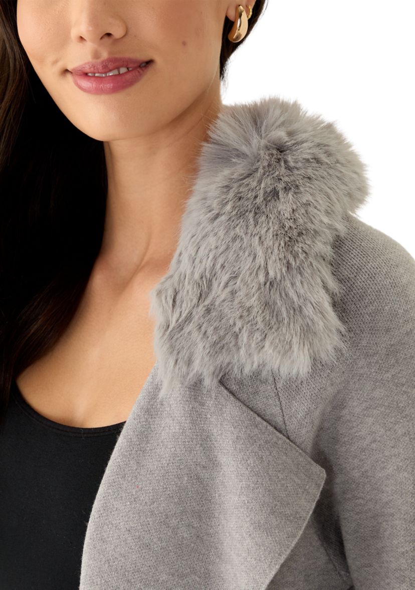 Womens Raglan Sleeve Notch Collar Open Front Fur Duster Cardigan 