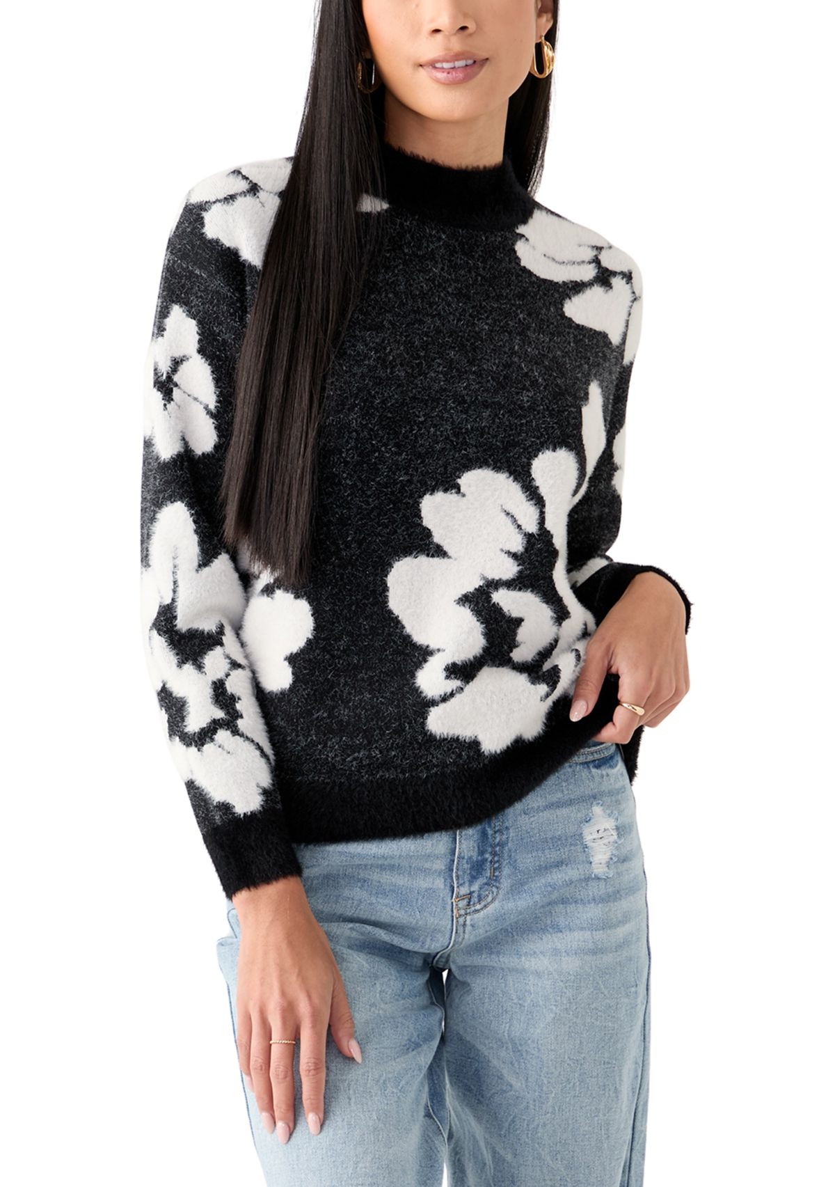 Womens Mock Neck Intarsia Floral Sweater