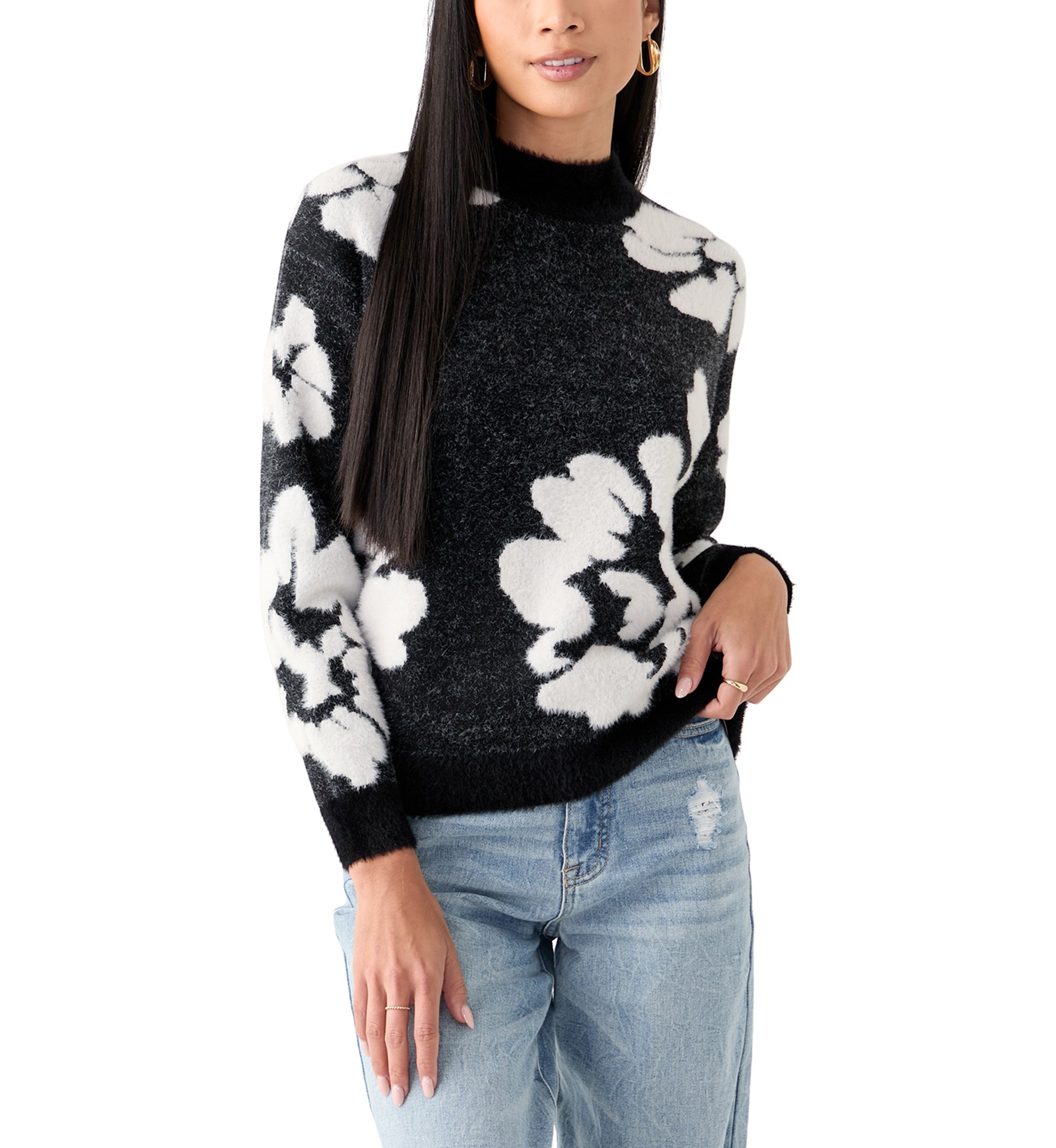 Womens Mock Neck Intarsia Floral Sweater