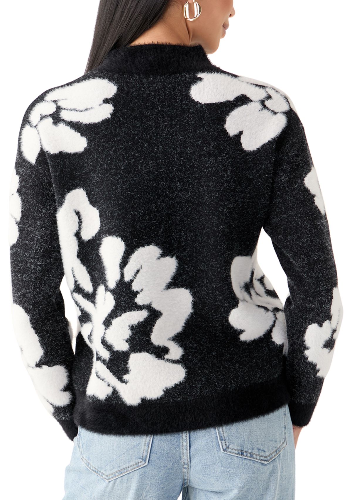 Womens Mock Neck Intarsia Floral Sweater