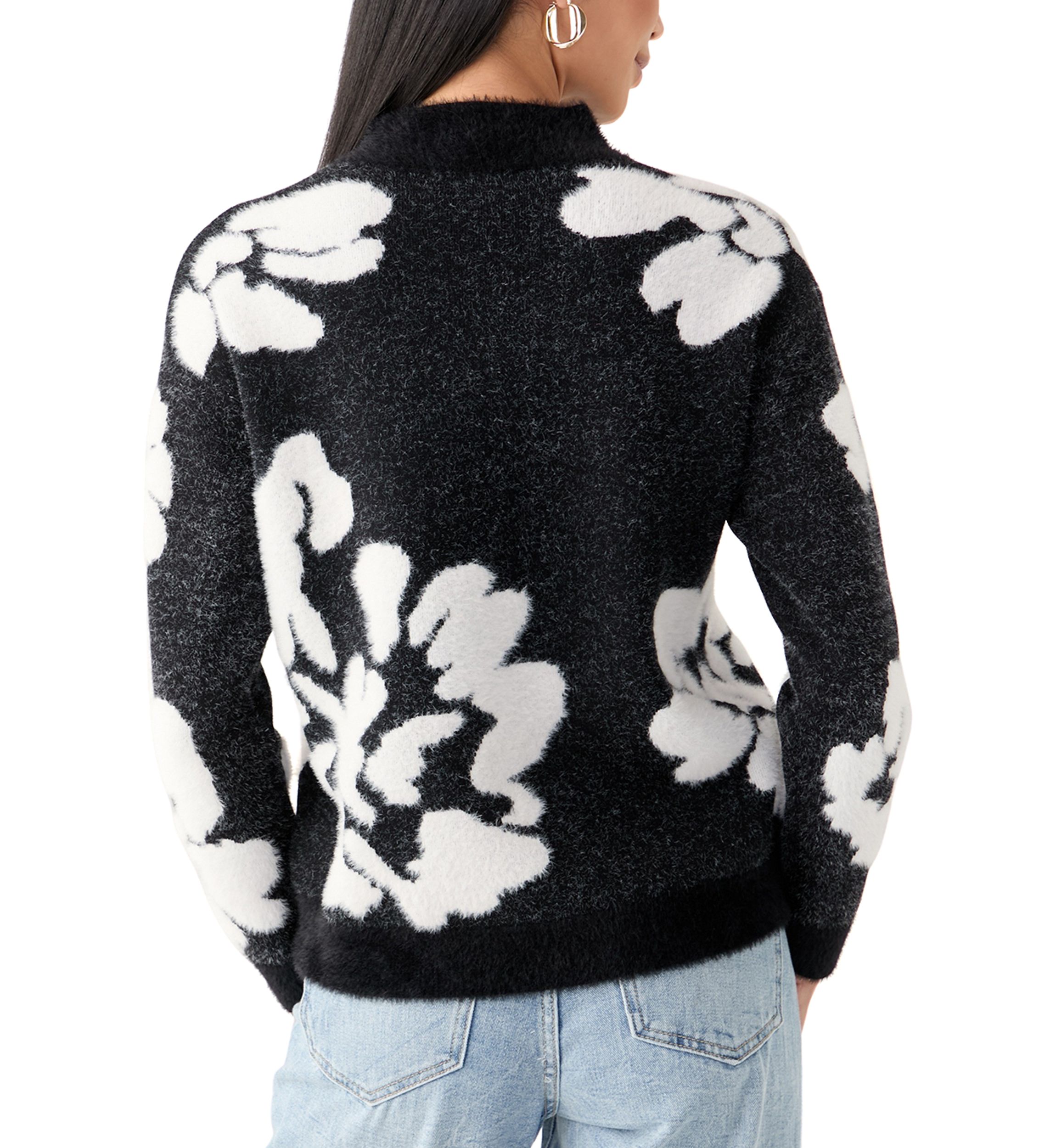 Womens Mock Neck Intarsia Floral Sweater