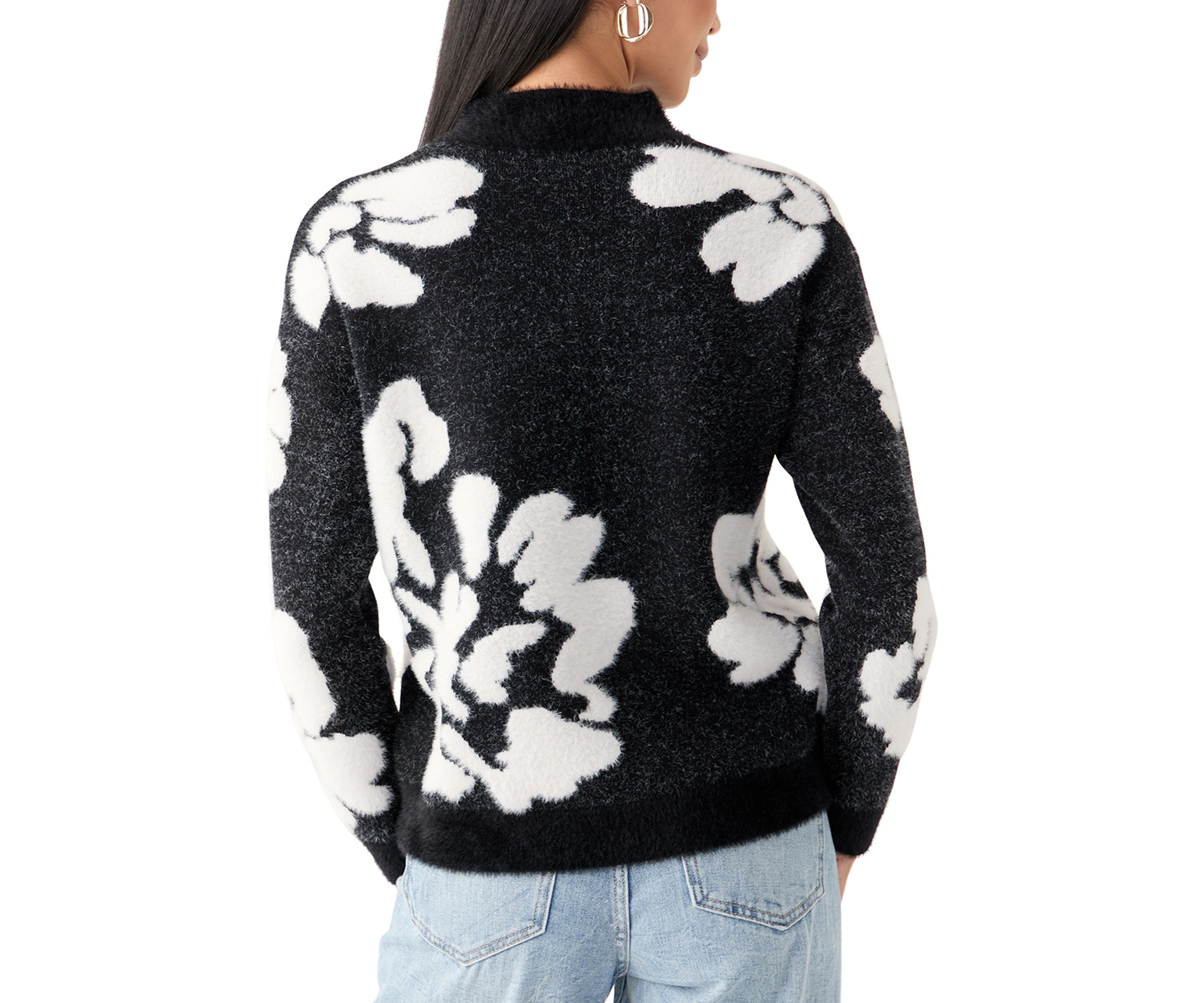 Womens Mock Neck Intarsia Floral Sweater