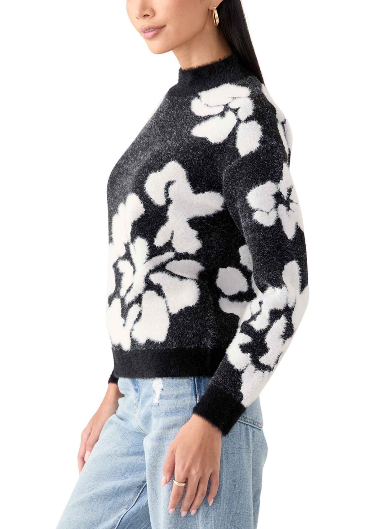 Womens Mock Neck Intarsia Floral Sweater