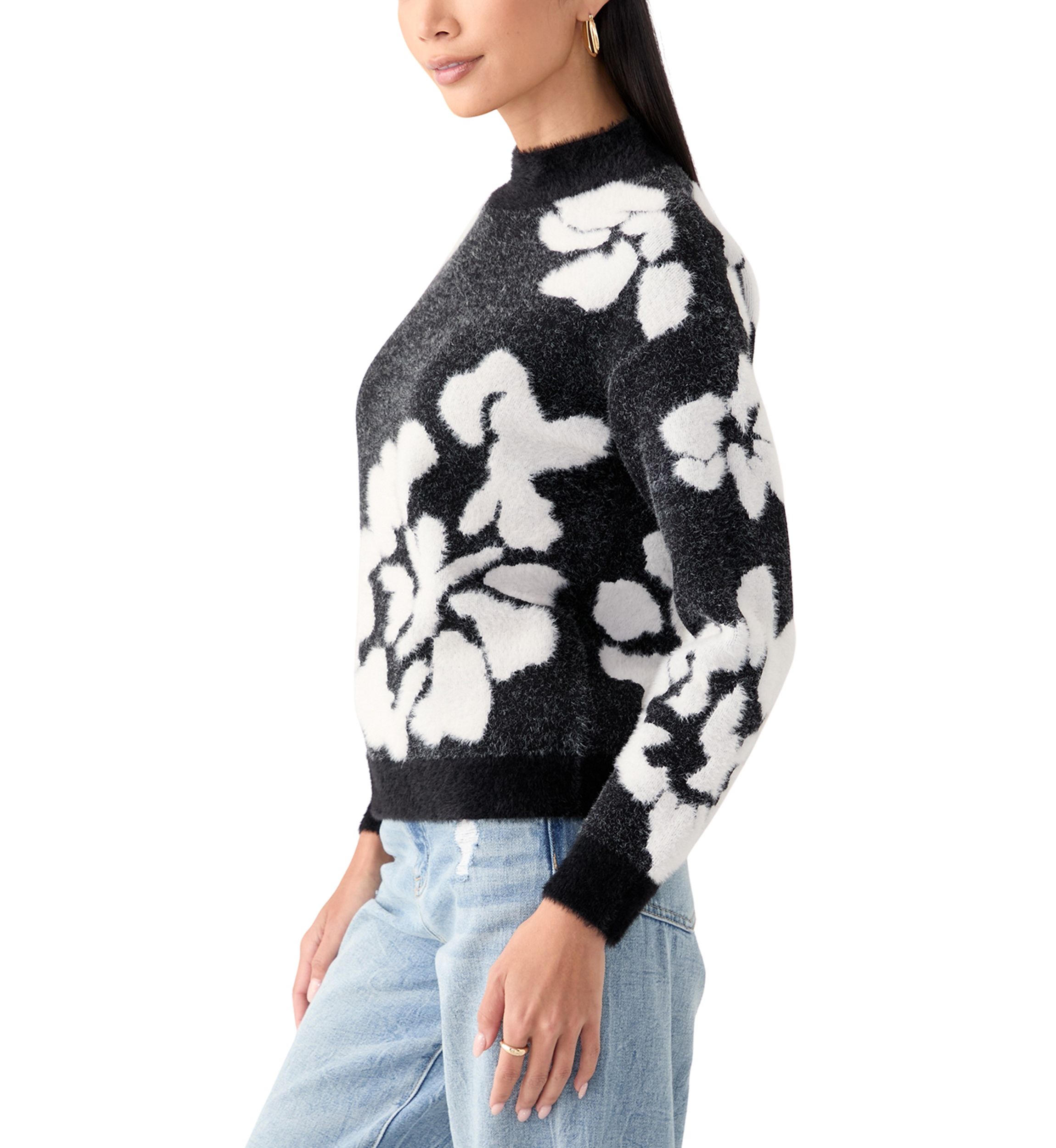 Womens Mock Neck Intarsia Floral Sweater