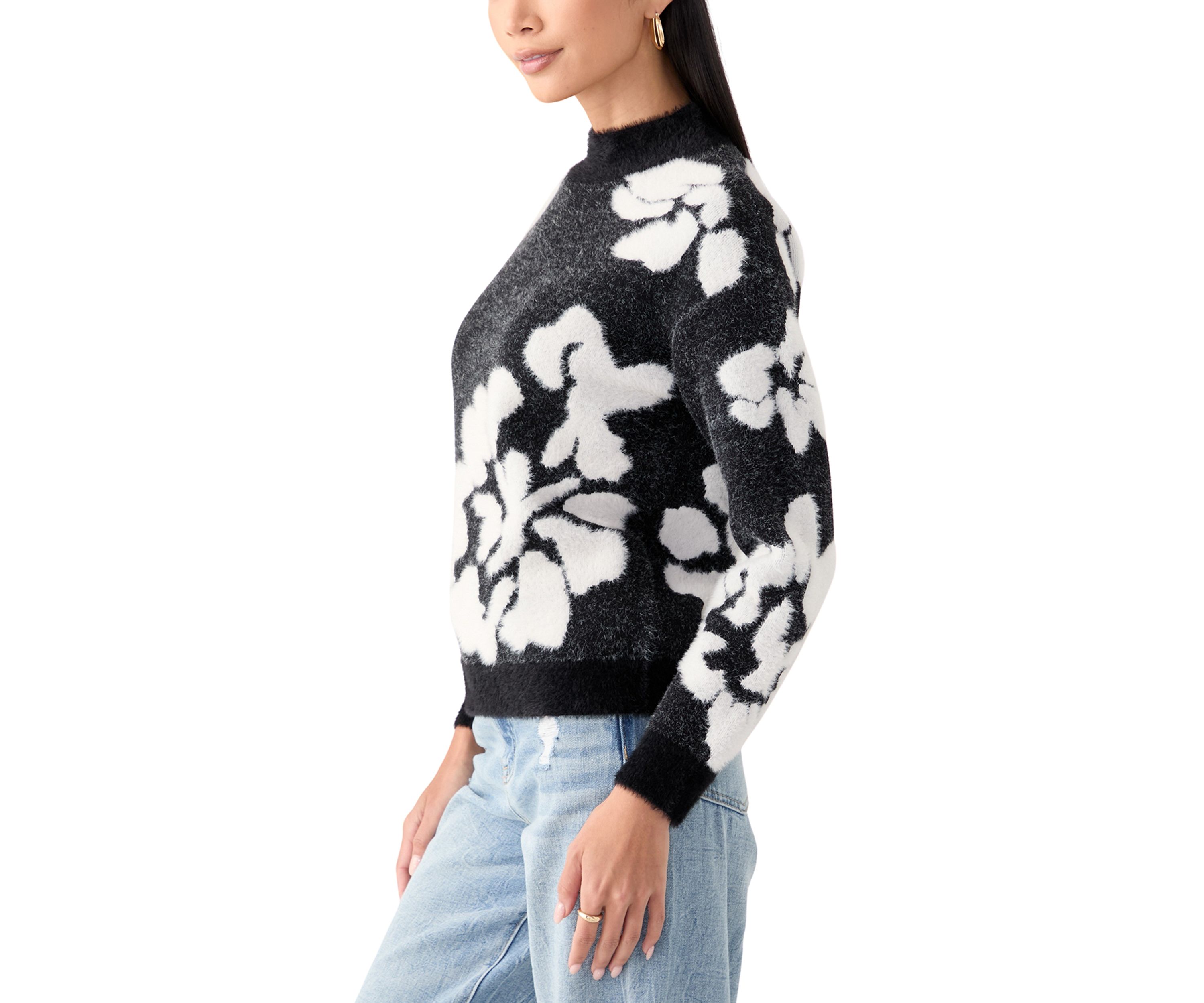 Womens Mock Neck Intarsia Floral Sweater
