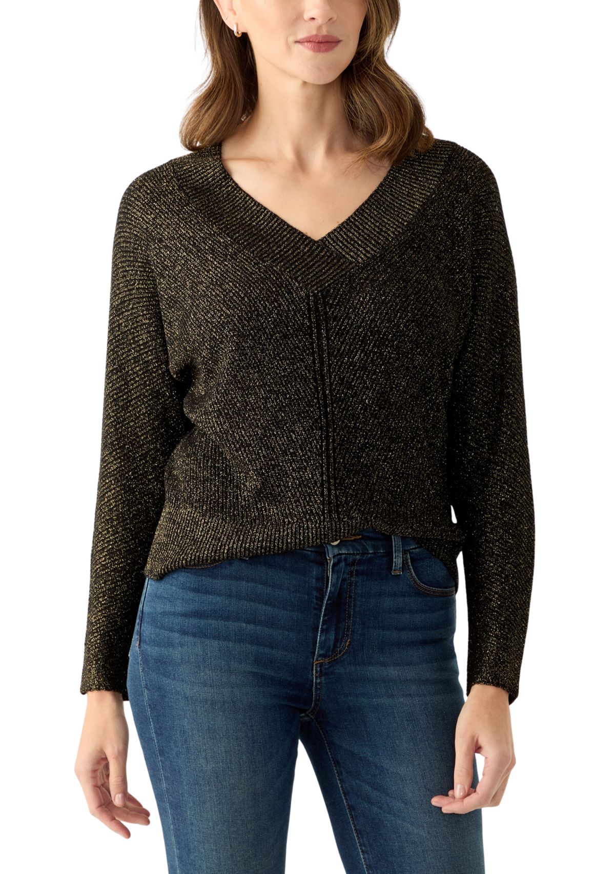 Womens V-Neck Ribbed Lurex Sweater