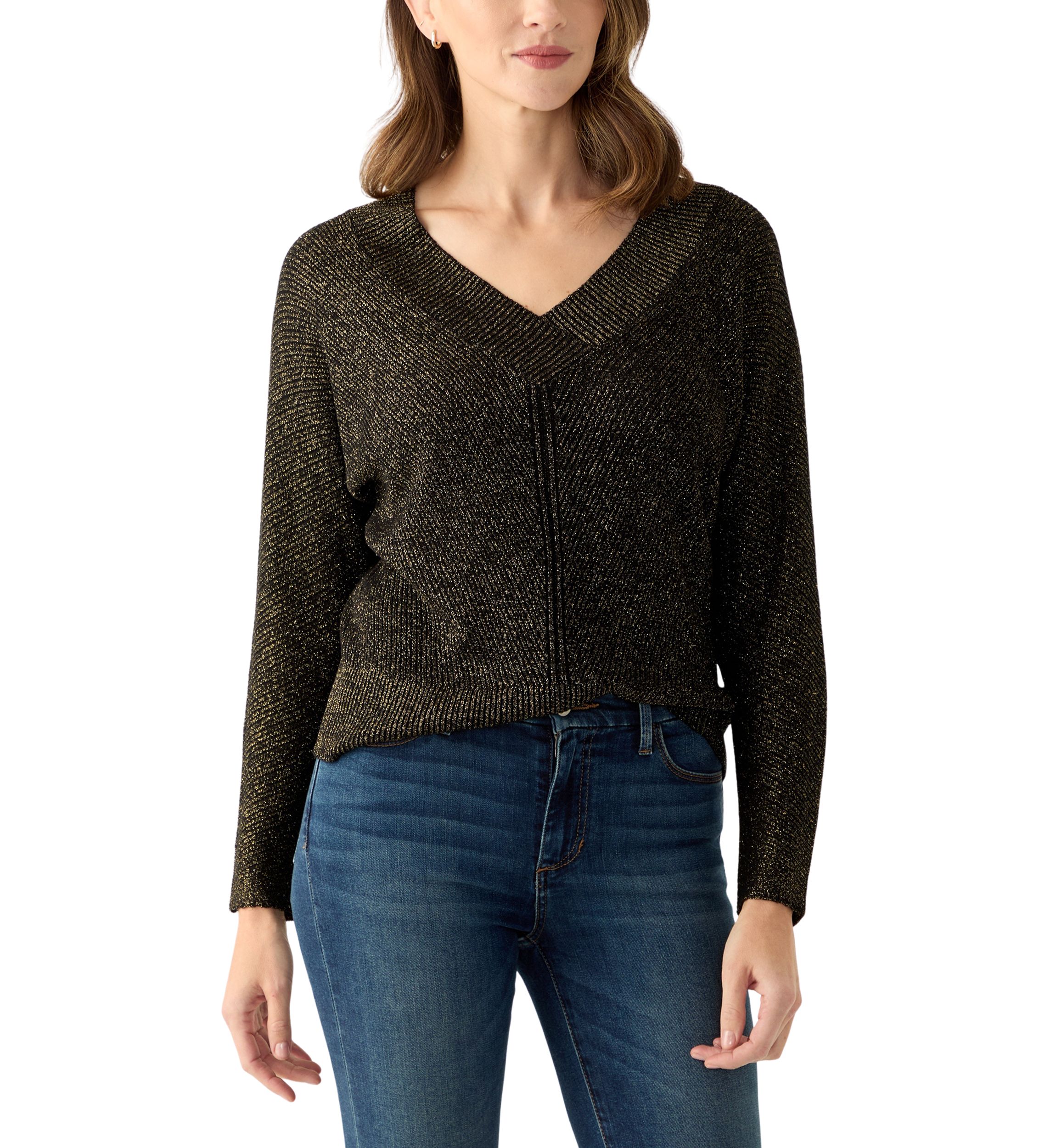 Womens V-Neck Ribbed Lurex Sweater