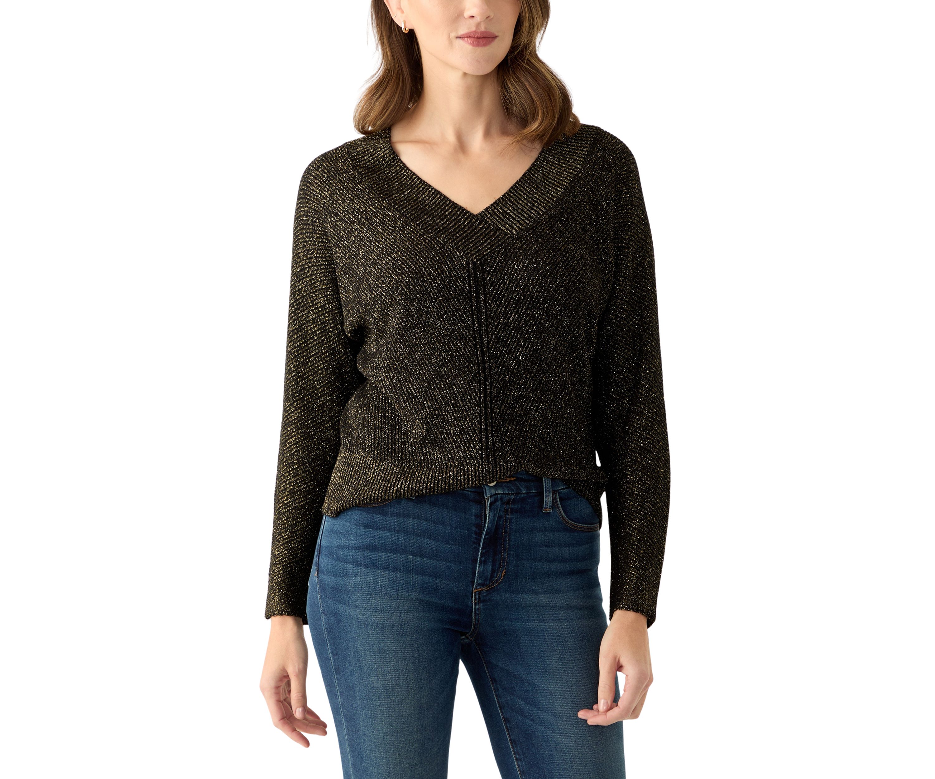 Womens V-Neck Ribbed Lurex Sweater