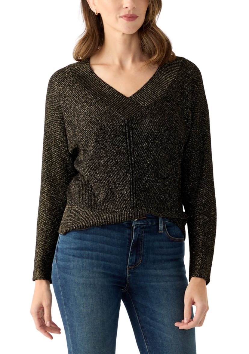 Womens V-Neck Ribbed Lurex Sweater