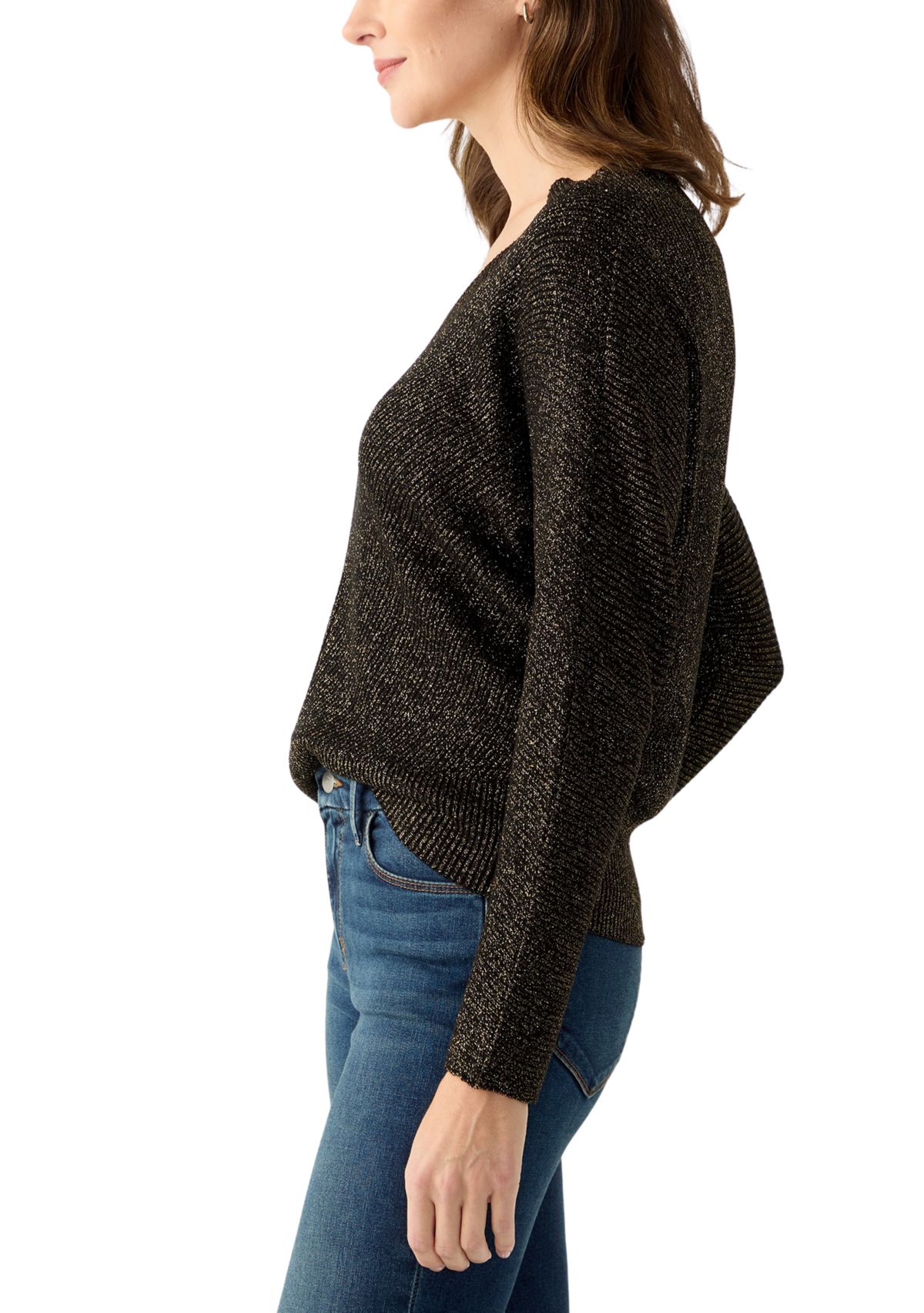 Womens V-Neck Ribbed Lurex Sweater