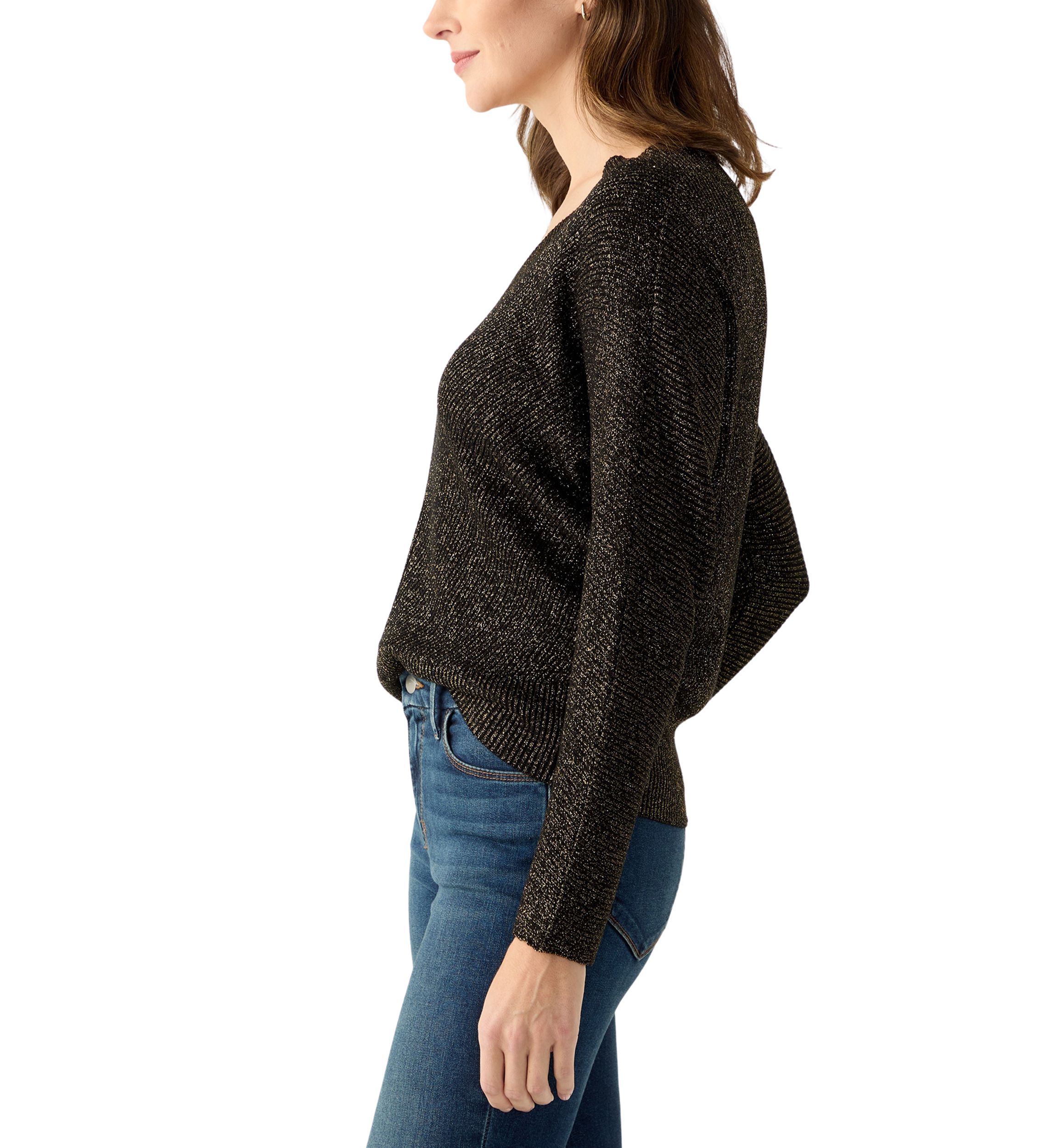 Womens V-Neck Ribbed Lurex Sweater