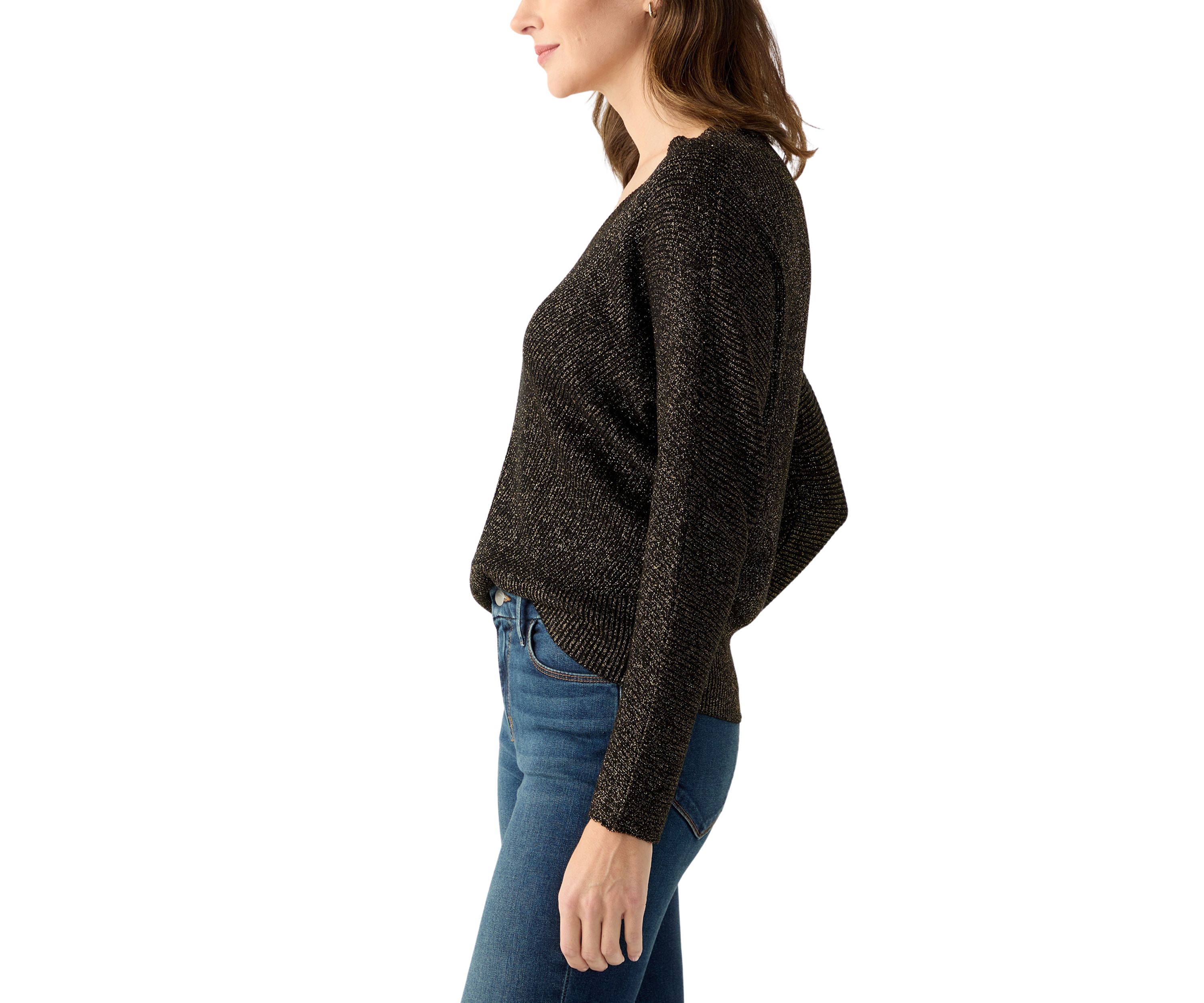 Womens V-Neck Ribbed Lurex Sweater