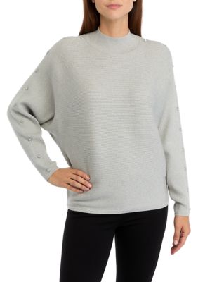PHILOSOPHY BY REPUBLIC Women's Mock Neck Rhinestone Embellished Lurex Ribbed Sweater