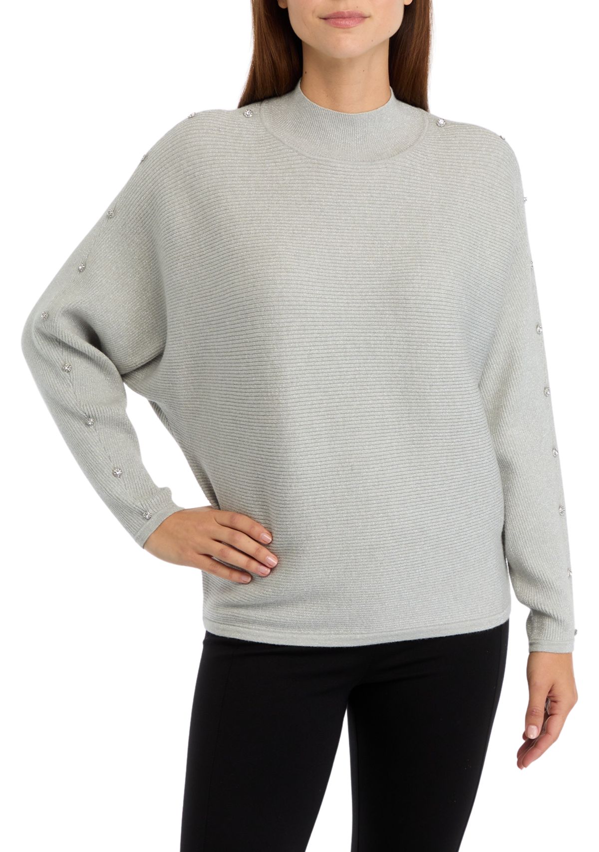 Womens Mock Neck Rhinestone Embellished Lurex Ribbed Sweater