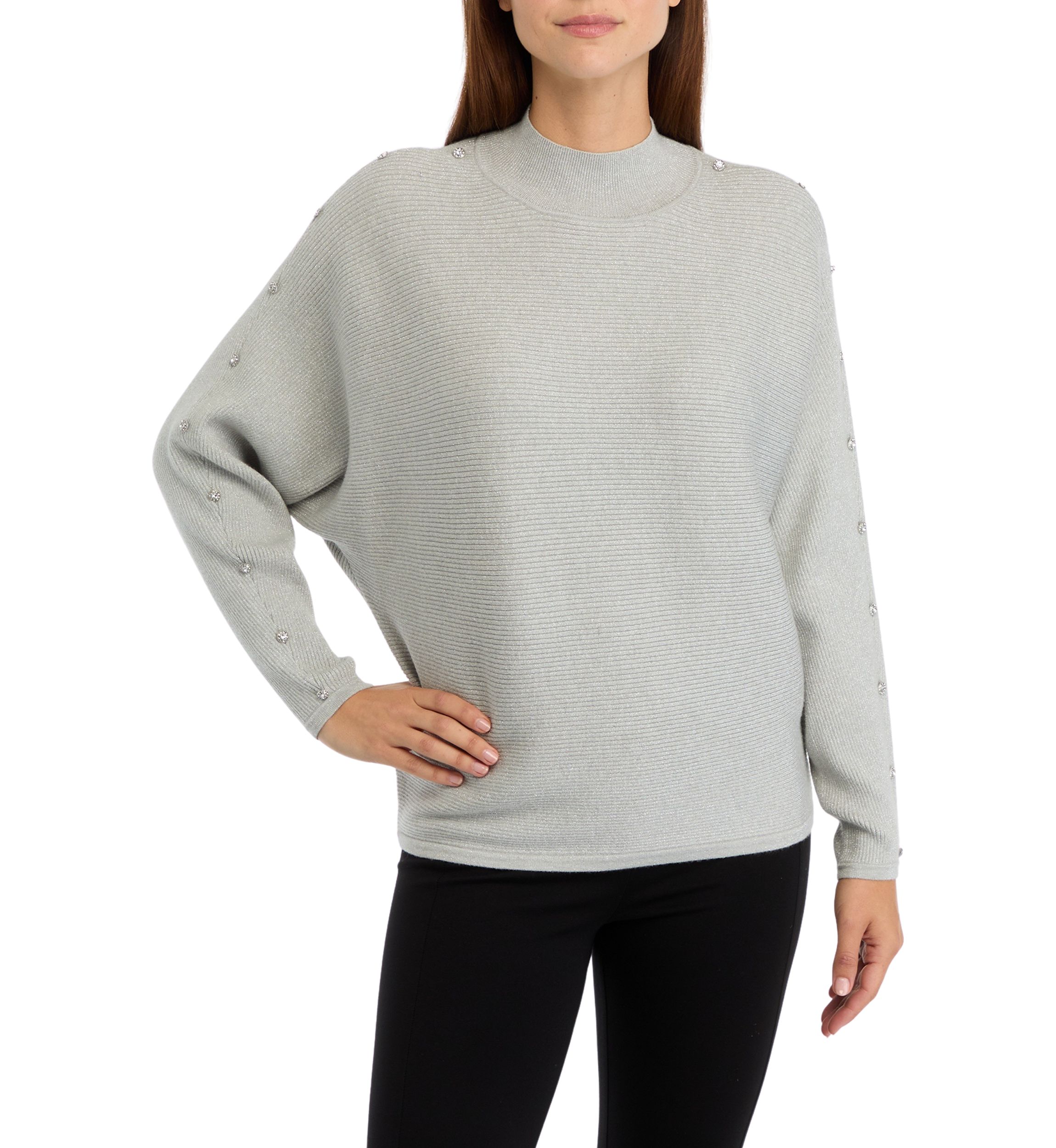 Womens Mock Neck Rhinestone Embellished Lurex Ribbed Sweater