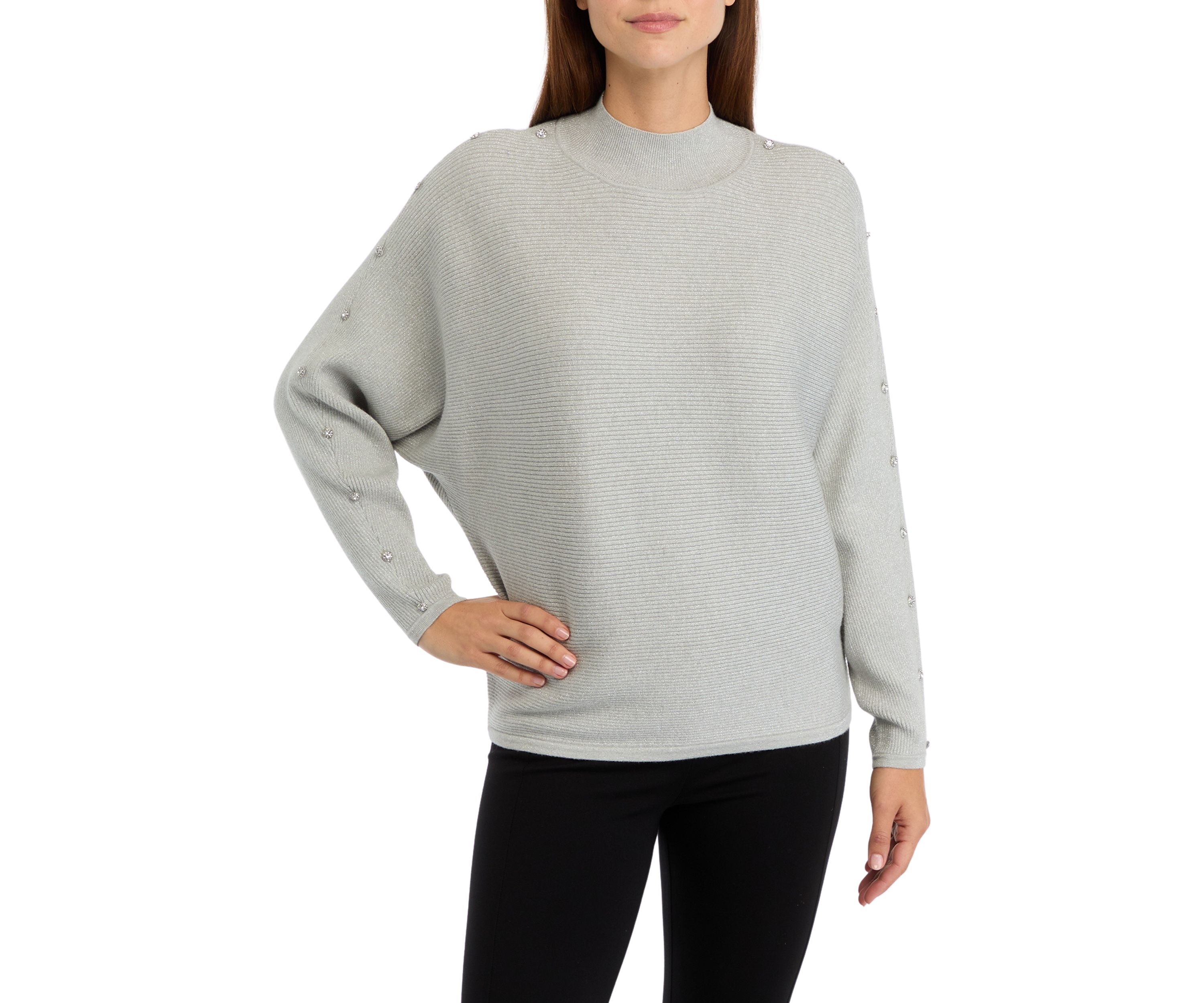 Womens Mock Neck Rhinestone Embellished Lurex Ribbed Sweater
