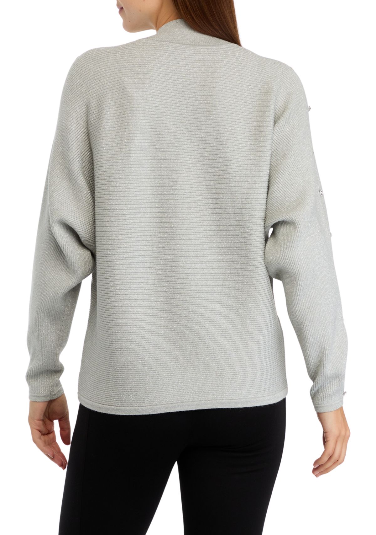 Womens Mock Neck Rhinestone Embellished Lurex Ribbed Sweater