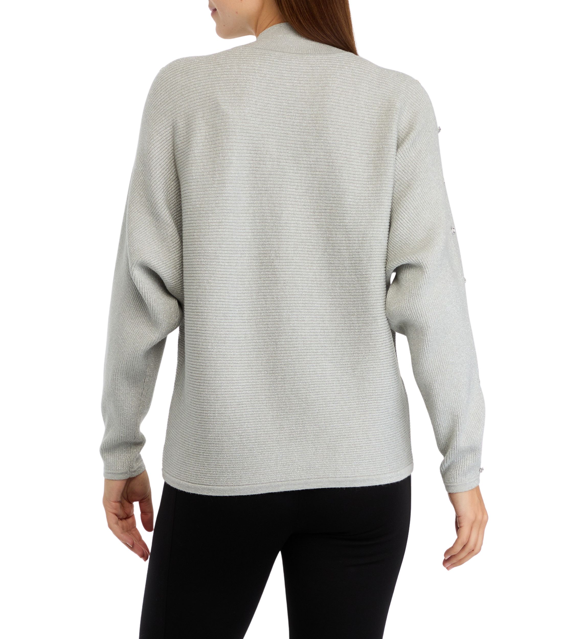 Womens Mock Neck Rhinestone Embellished Lurex Ribbed Sweater