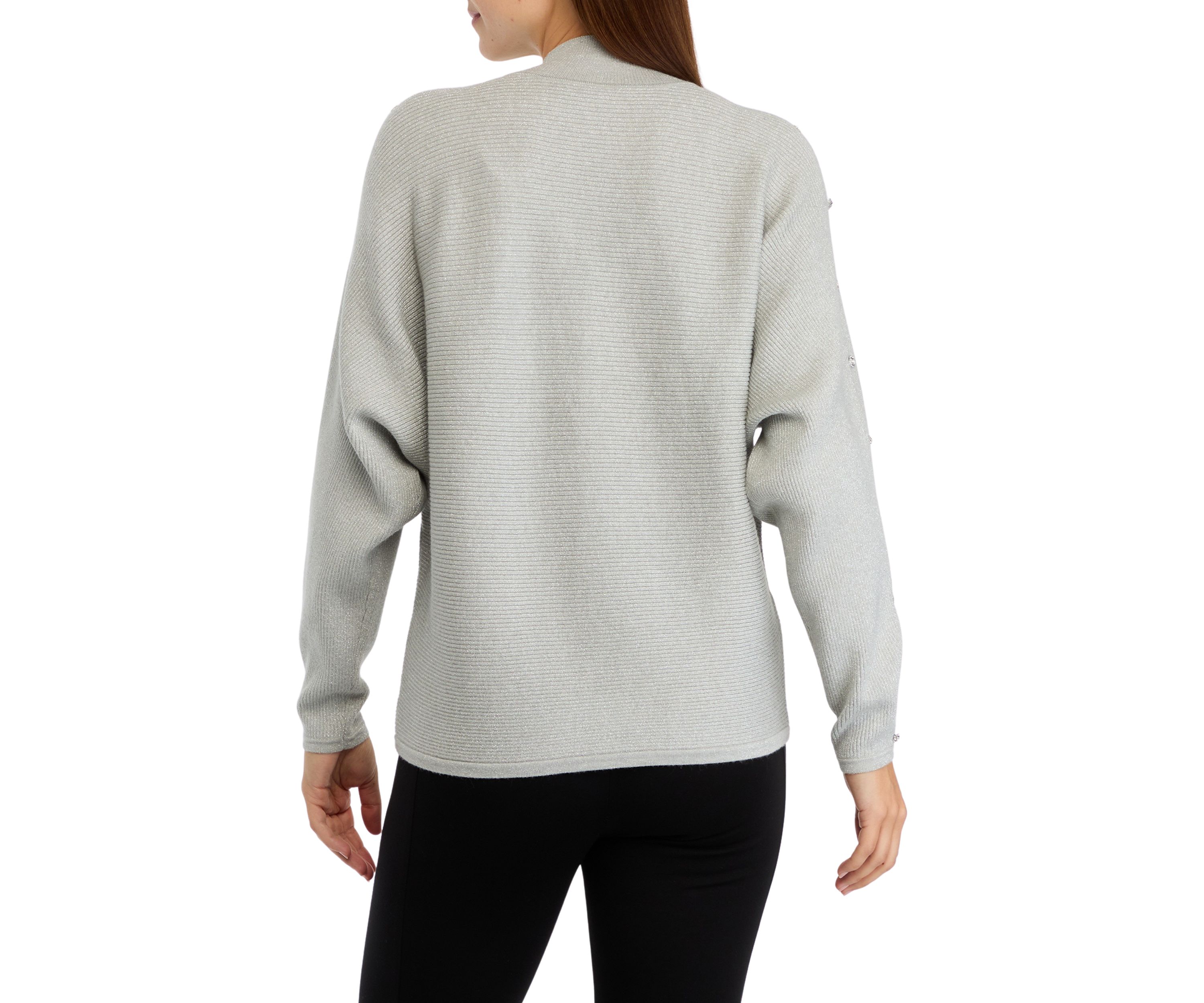 Womens Mock Neck Rhinestone Embellished Lurex Ribbed Sweater