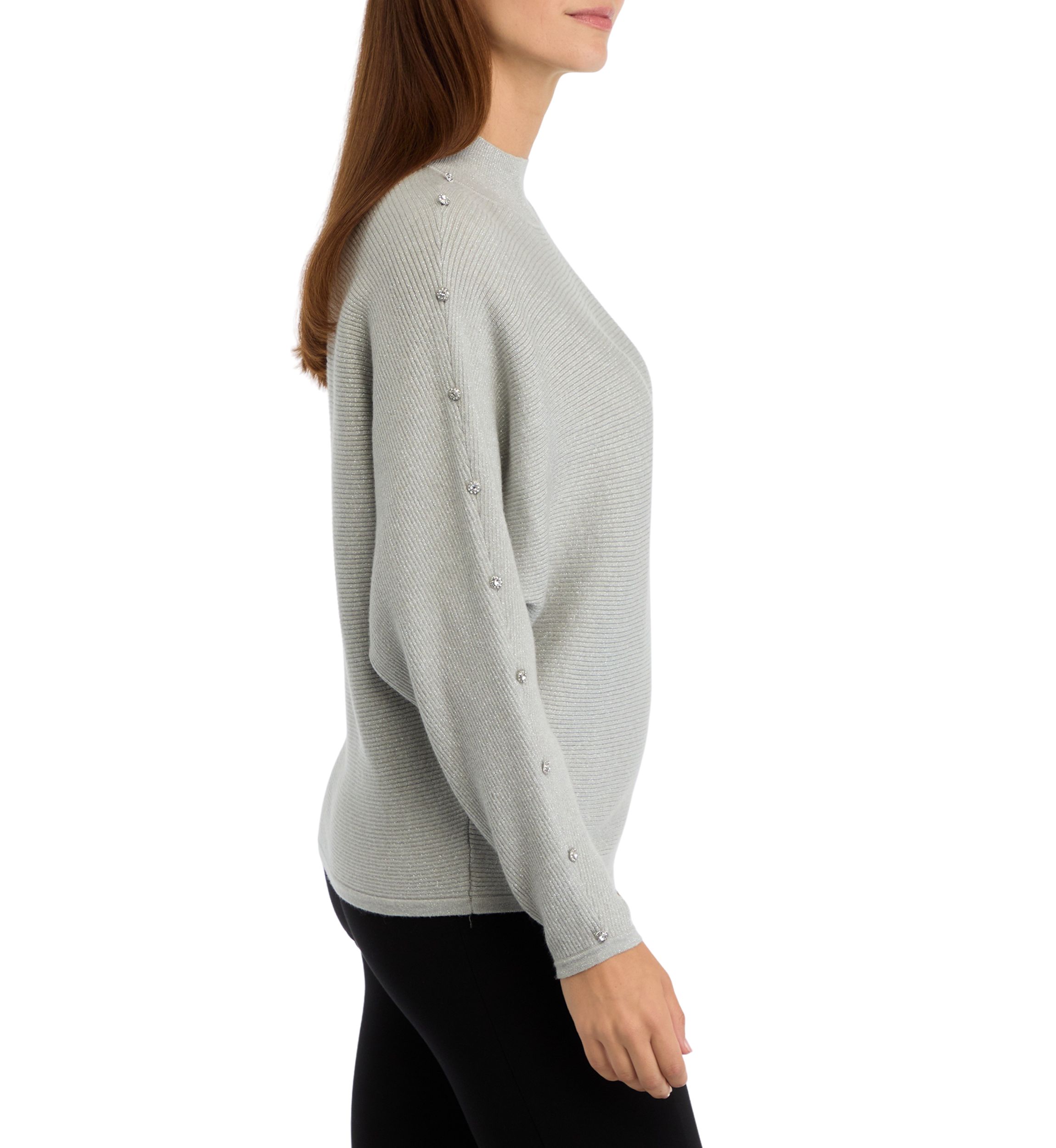 Womens Mock Neck Rhinestone Embellished Lurex Ribbed Sweater