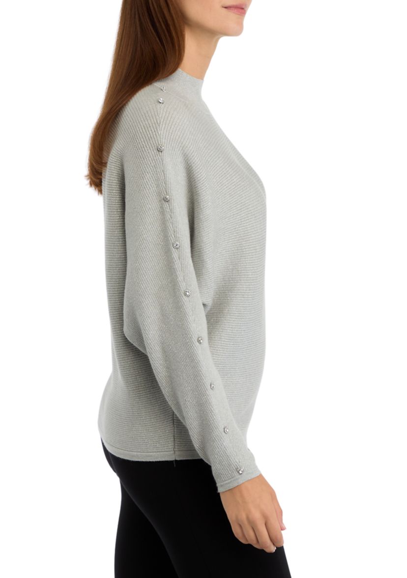 Womens Mock Neck Rhinestone Embellished Lurex Ribbed Sweater