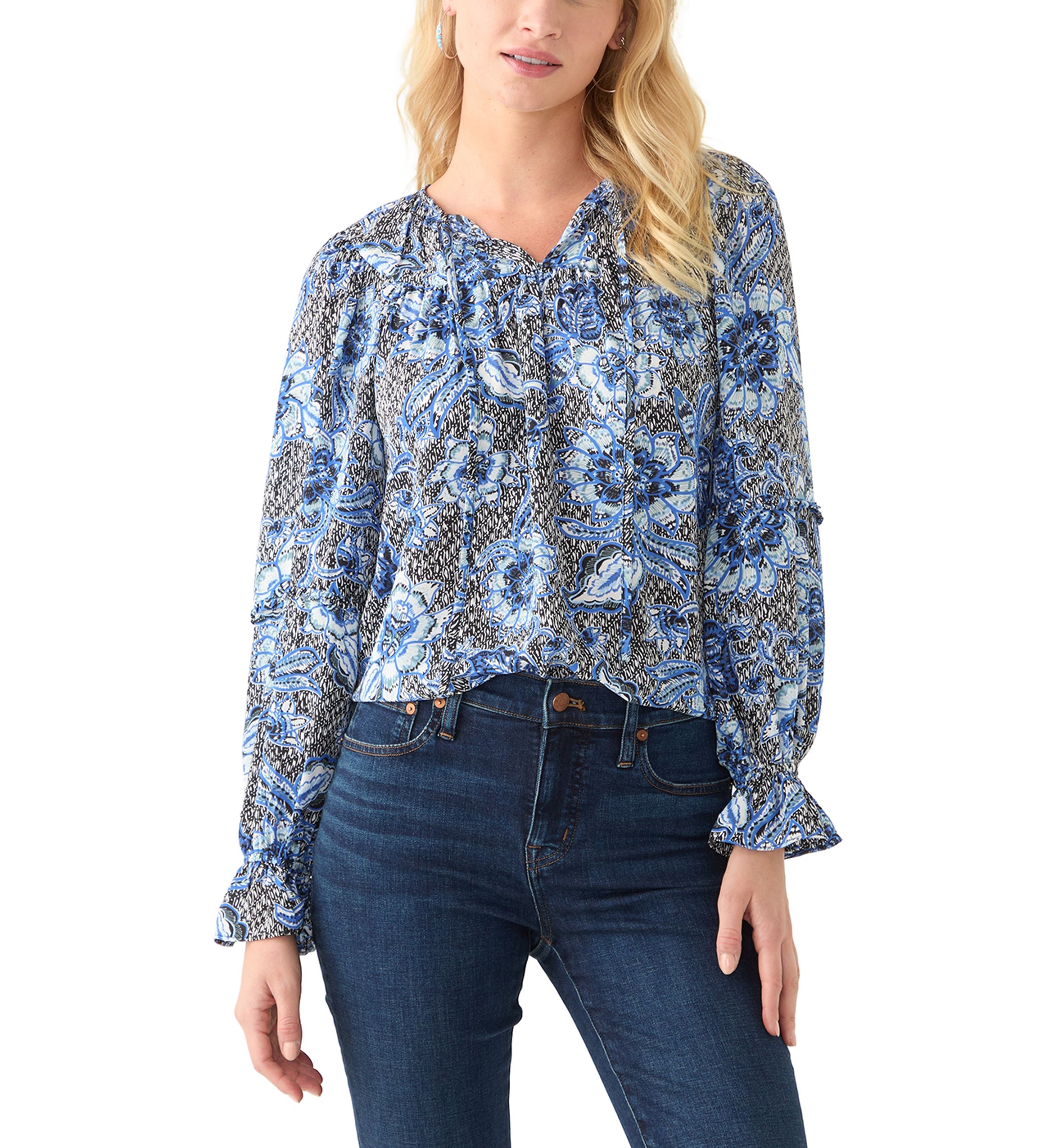 Womens Long Sleeve Floral Peasant Blouse