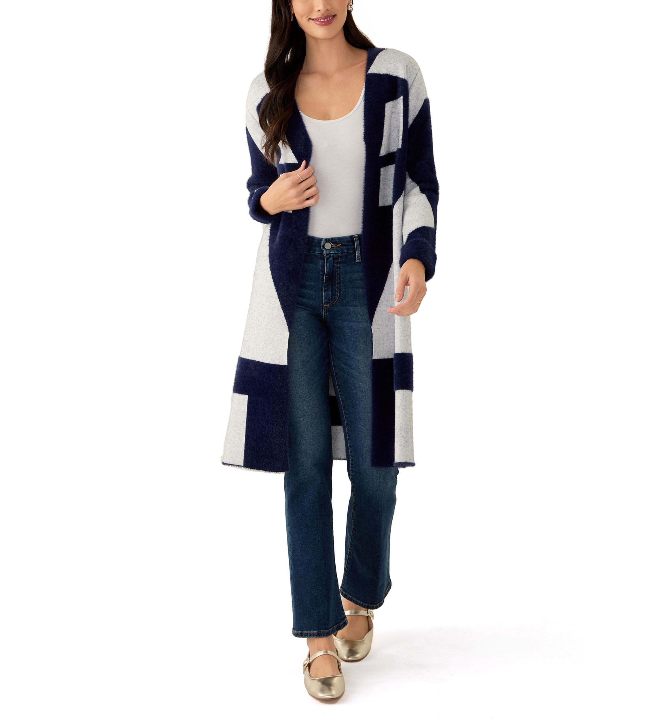 Womens Geo Printed Duster Cardigan