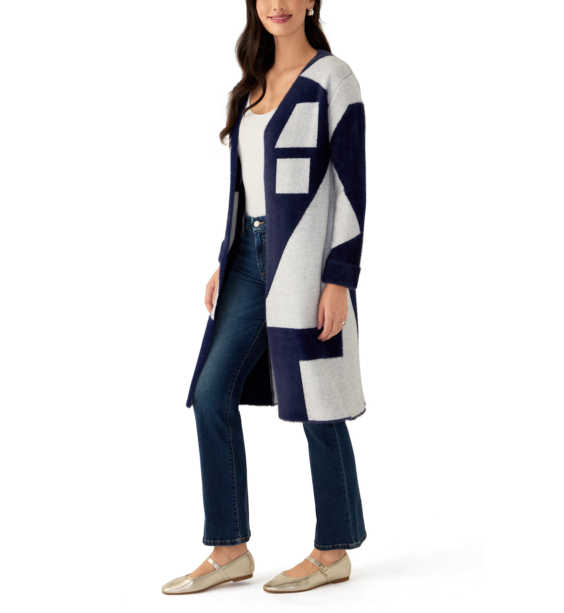 Womens Geo Printed Duster Cardigan