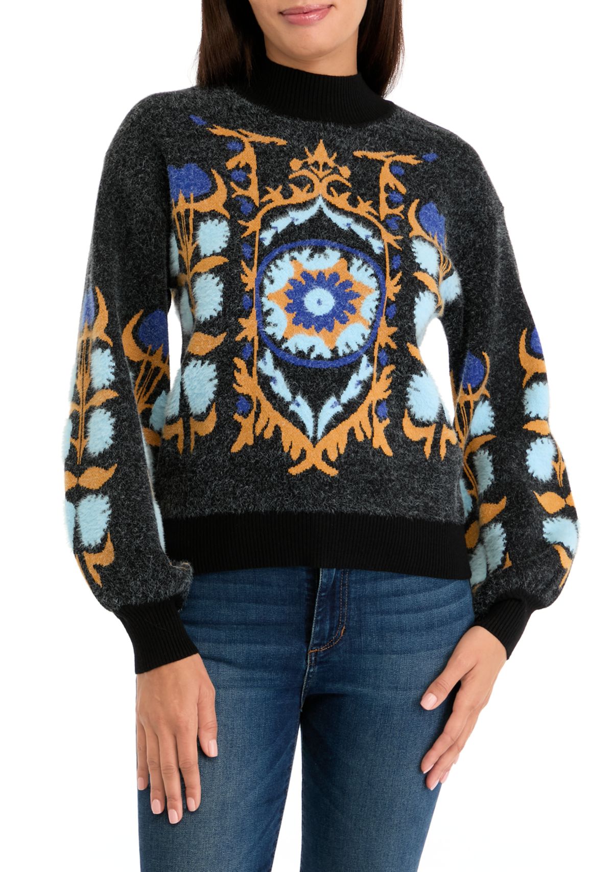Womens Printed Mock Neck Eyelash Sweater