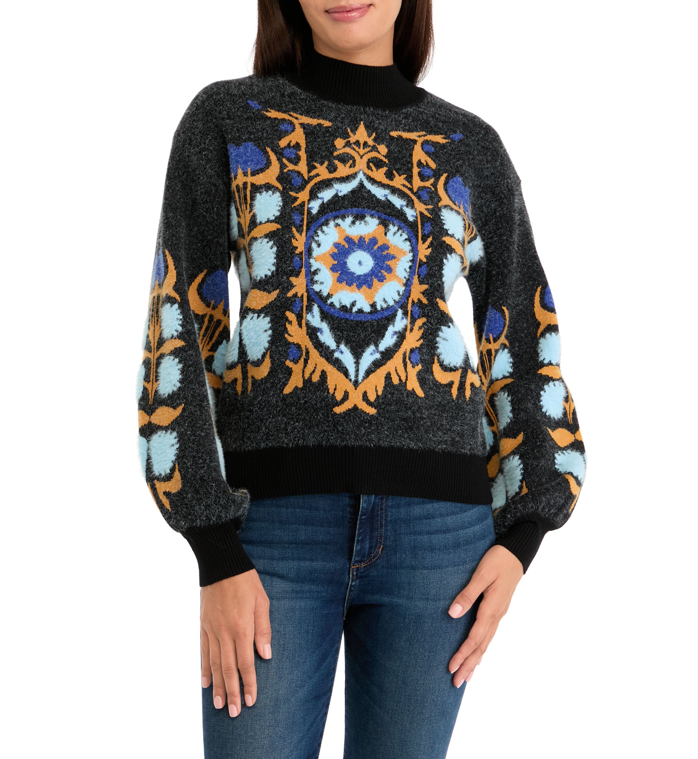Womens Printed Mock Neck Eyelash Sweater