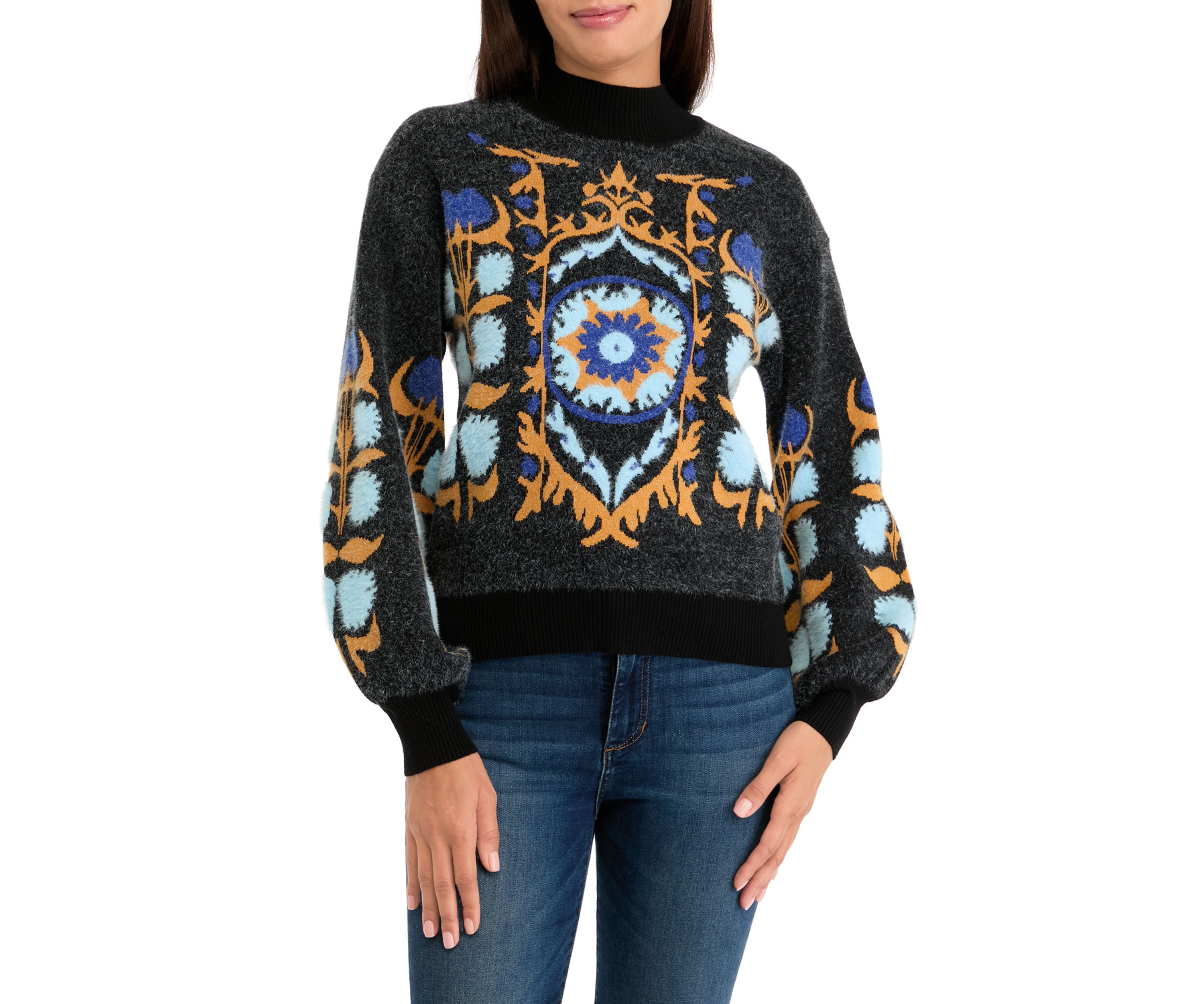Womens Printed Mock Neck Eyelash Sweater